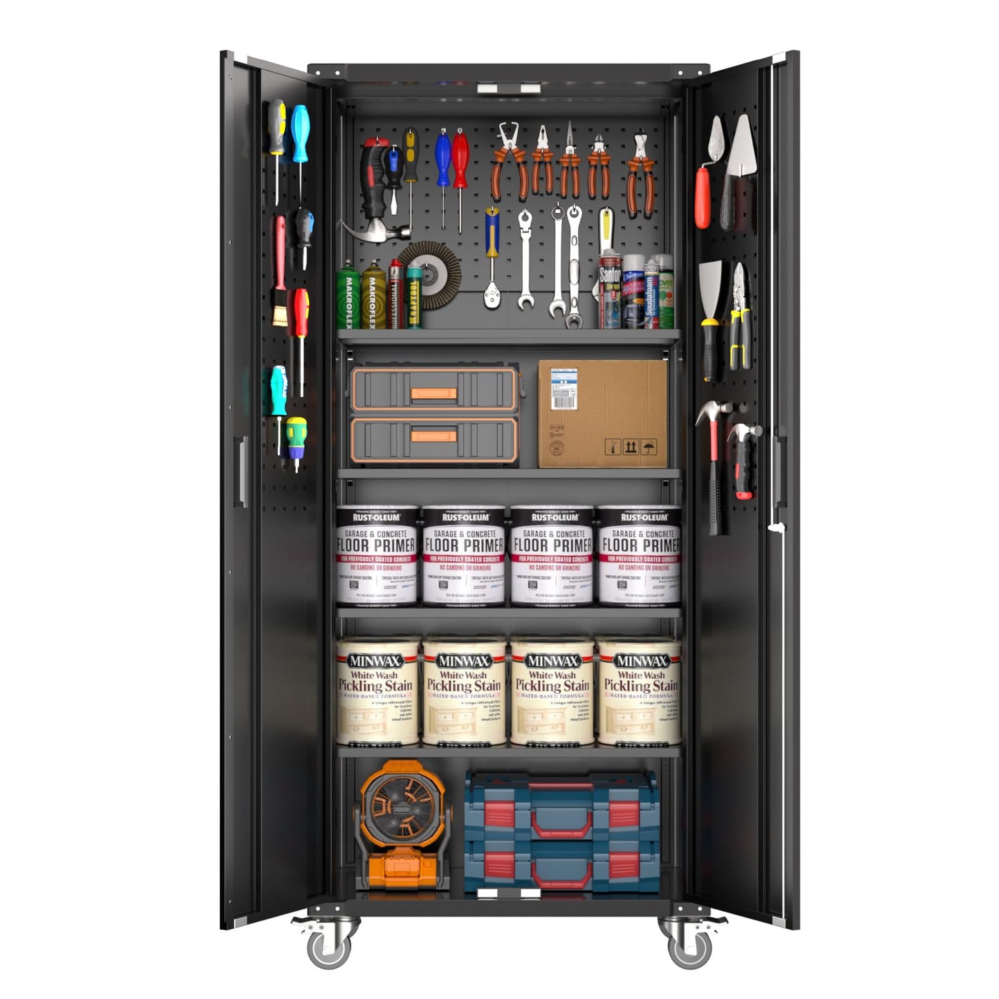 Garage Storage Cabinet 72 in Locking w/Wheels & Pegboard | Heavy-Duty Steel w/ 4 Adjustable Shelves | Workshop Home Office Organizer, Black