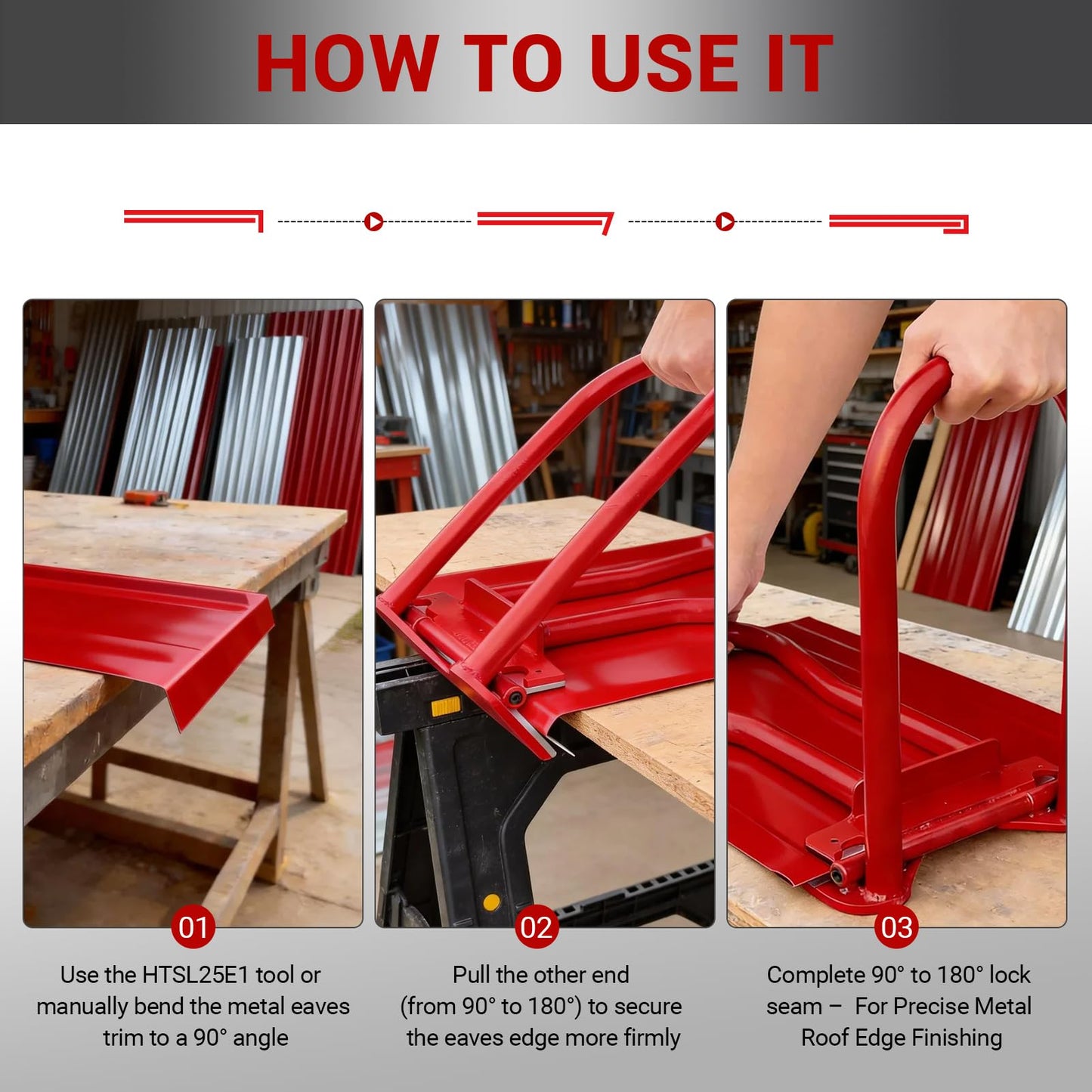 Standing Seam Roofing Tools HTSL25E2, Roof Eaves Seam Bender with PVC Insert, Metal Roofing Drip Edge Folding Tool for Roofer and Sheet Metal Worker, High-strength Metal Eaves Seam Locker(Red)