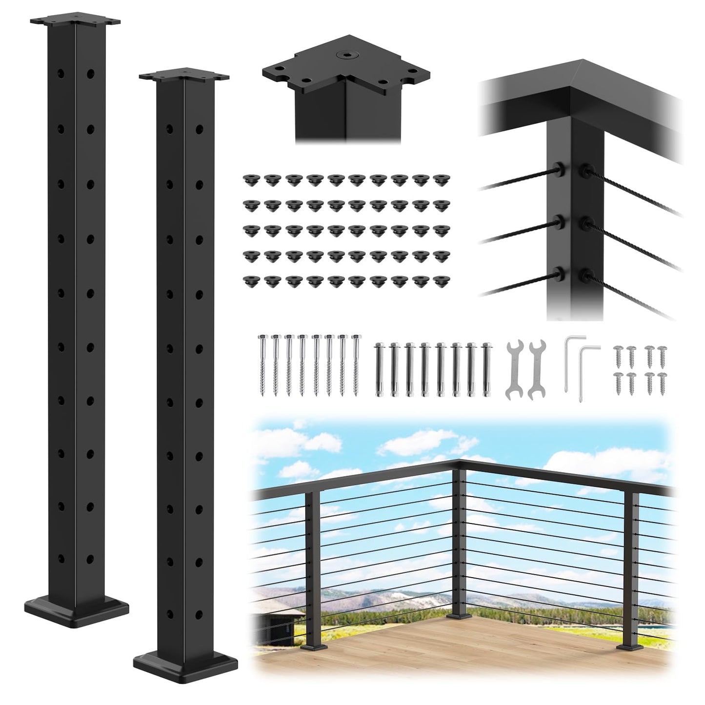PLANTOP 36" Cable Railing Corner Post(Post 35"x2"x2"), 2 Pack 90° L-Drilled Flat Top Corner Post, Stainless Steel Black Surface Mount Deck Cable Railing Post for Indoor Outdoor, MY08-C