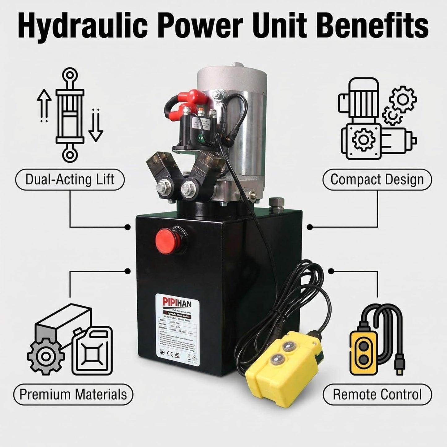 Double Acting Hydraulic Pump 15 Quart Hydraulic Power Units 12V DC Hydraulic Pump SAE#6 Connector for Dump Trailer Car Lifting