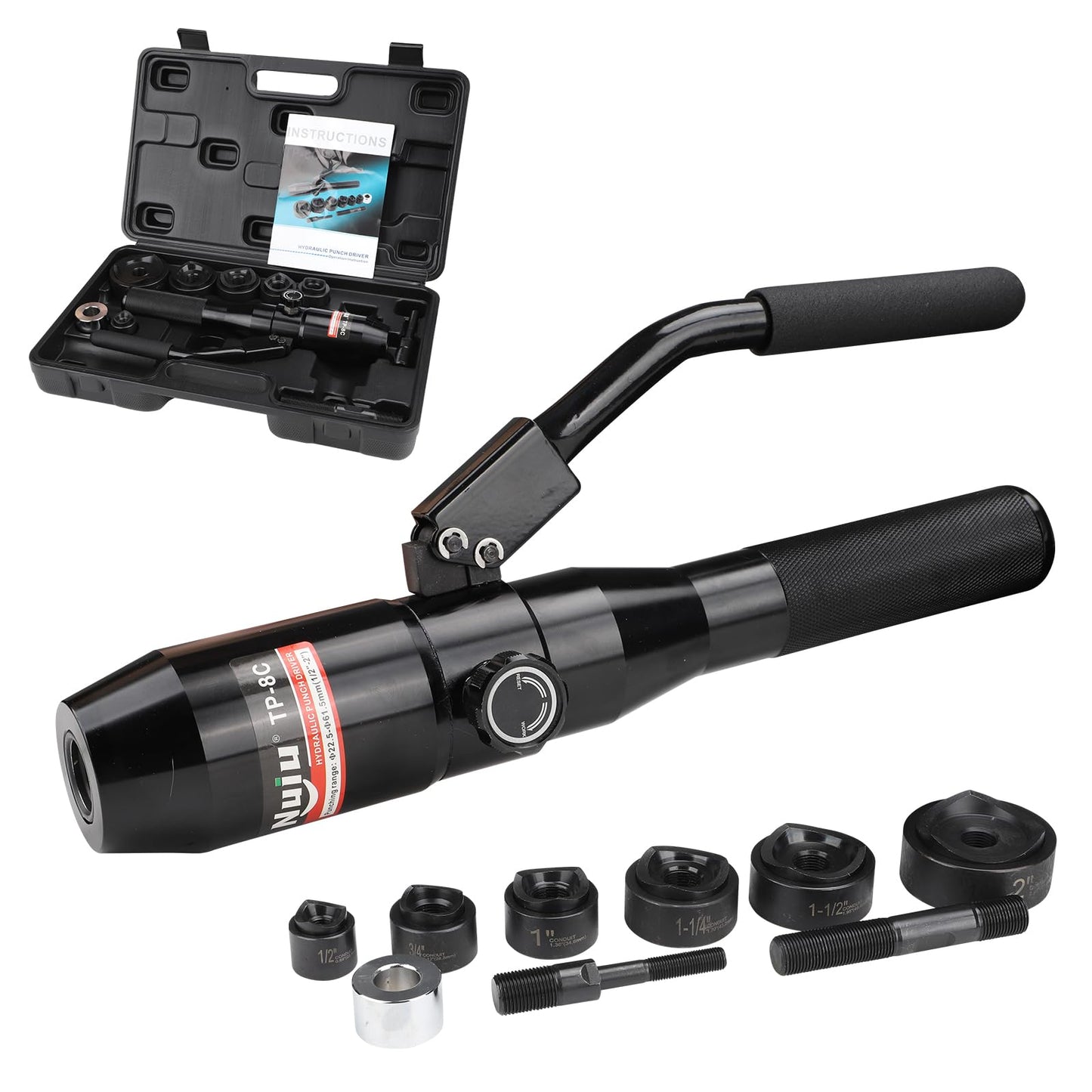 Nuiu TP-8C Hydraulic Knockout Punch Kit, 66KN Punching Pressure with 6 Hole-Opening Dies 1/2" to 2", 360° Rotatable Head for Electrical Panel, Conduit Pipe Punching