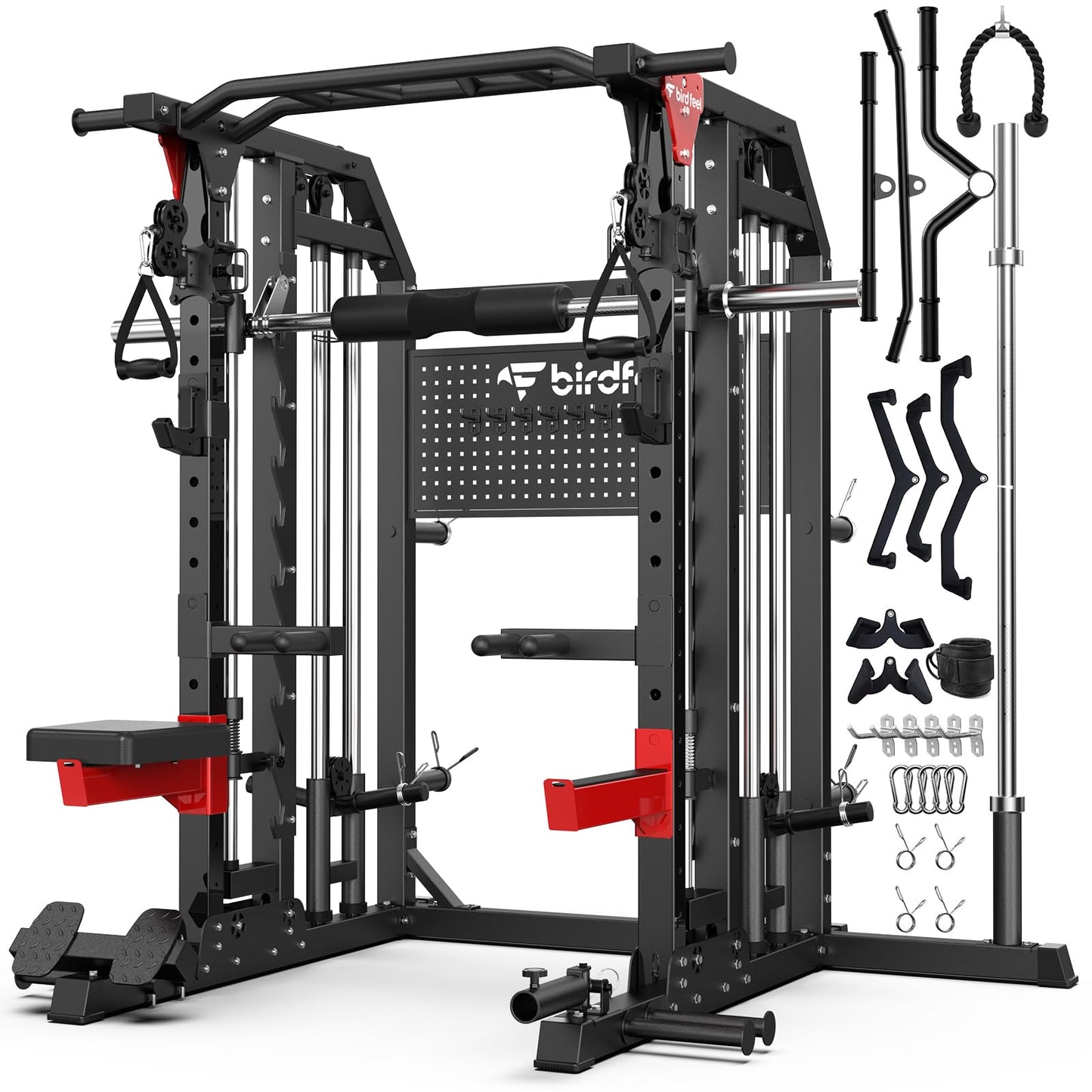 Birdfeel Multi-Function 2000LB Smith Machine Power Cage, Home Gym Squat Rack Featuring LAT Pulldown, Dual Pulley Cable Crossover, Gym-Quality Power Rack with Strength Training Attachments, Pegboard