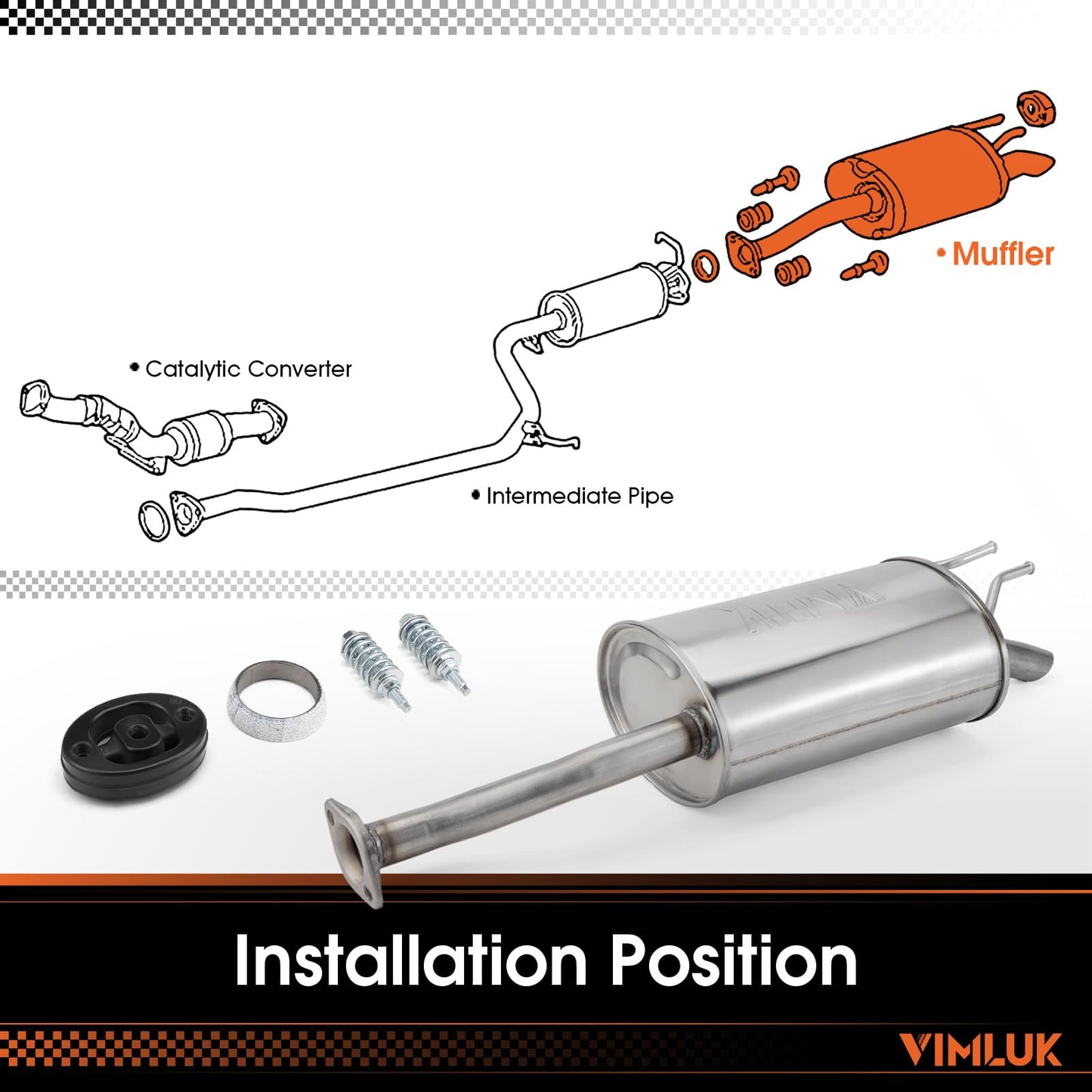 VIMLUK Stainless Steel Exhaust Muffler – Compatible with 2012-2015 Honda Civic Sedan/Coupe, (OEM P/N:18307-TR6-A01)Includes Gasket &Bolt Kit & Insulator – Mild Sound Level Performance (VK-HC09-54882)