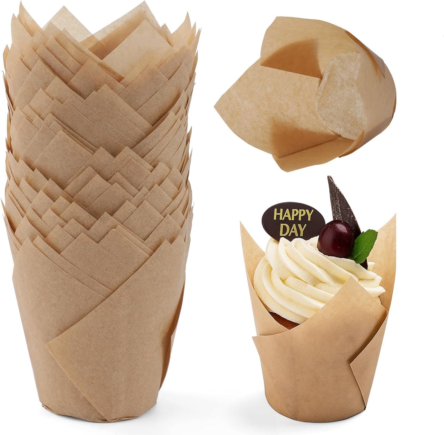 Skiennix Tulip Cupcake Liners - 200 Pcs Greaseproof Baking Cups for Parties & Events | Natural