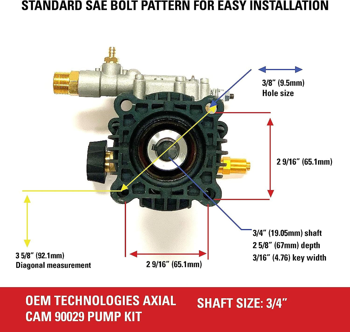 OEM Technologies 90029 Replacement Pressure Washer Pump Kit, 3400 PSI, 2.5 GPM, 3/4" Shaft, Includes Hardware and Siphon Tube, for Residential and Industrial Gas Powered Machines