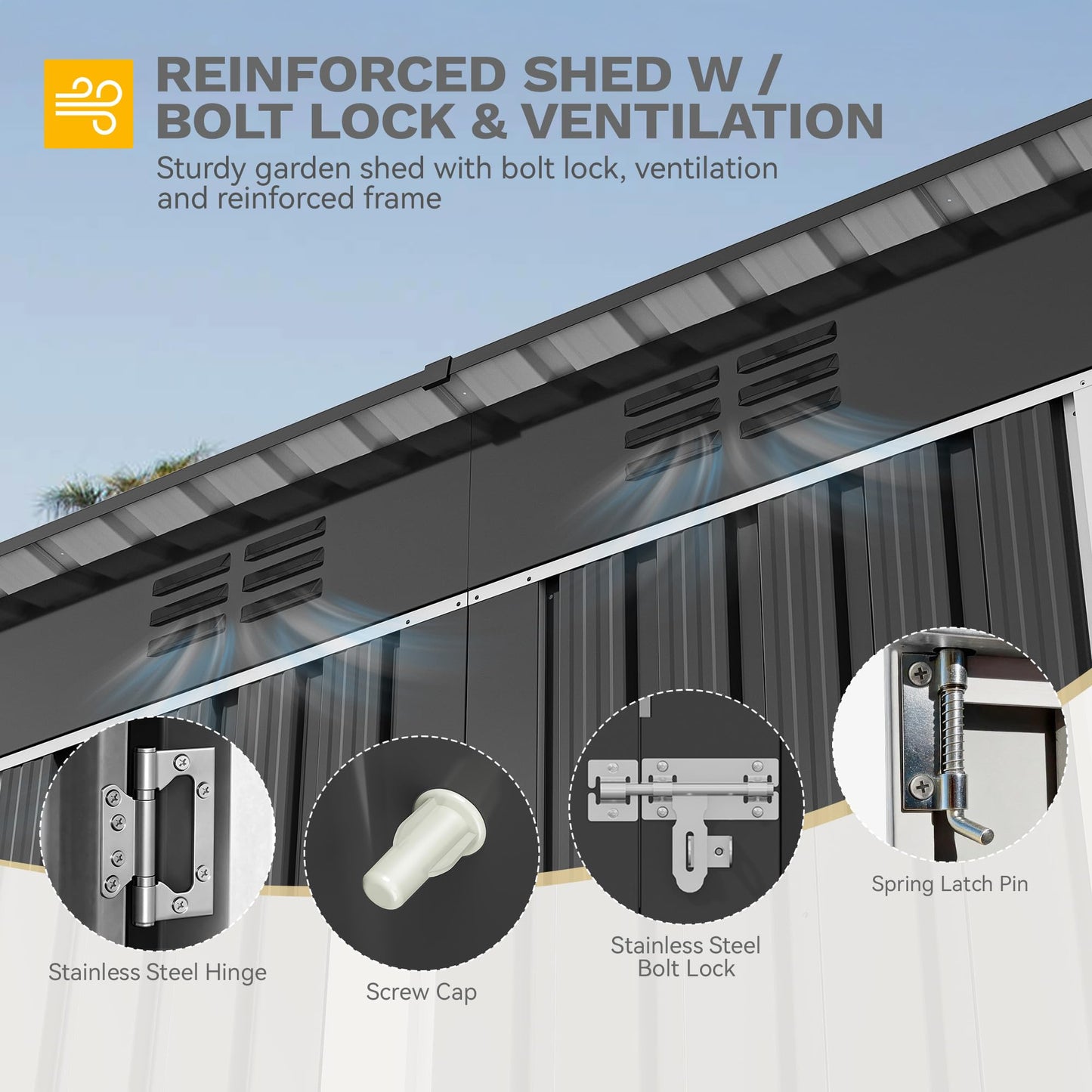 DWVO 8.5x3.5ft Large Tool Storage Shed with Window, Lockable Doors, and Sloped Roof, Oversized Steel Outdoor Storage Shed for Garden, Patio, Garage, Backyard, Lawn - Dark Gray