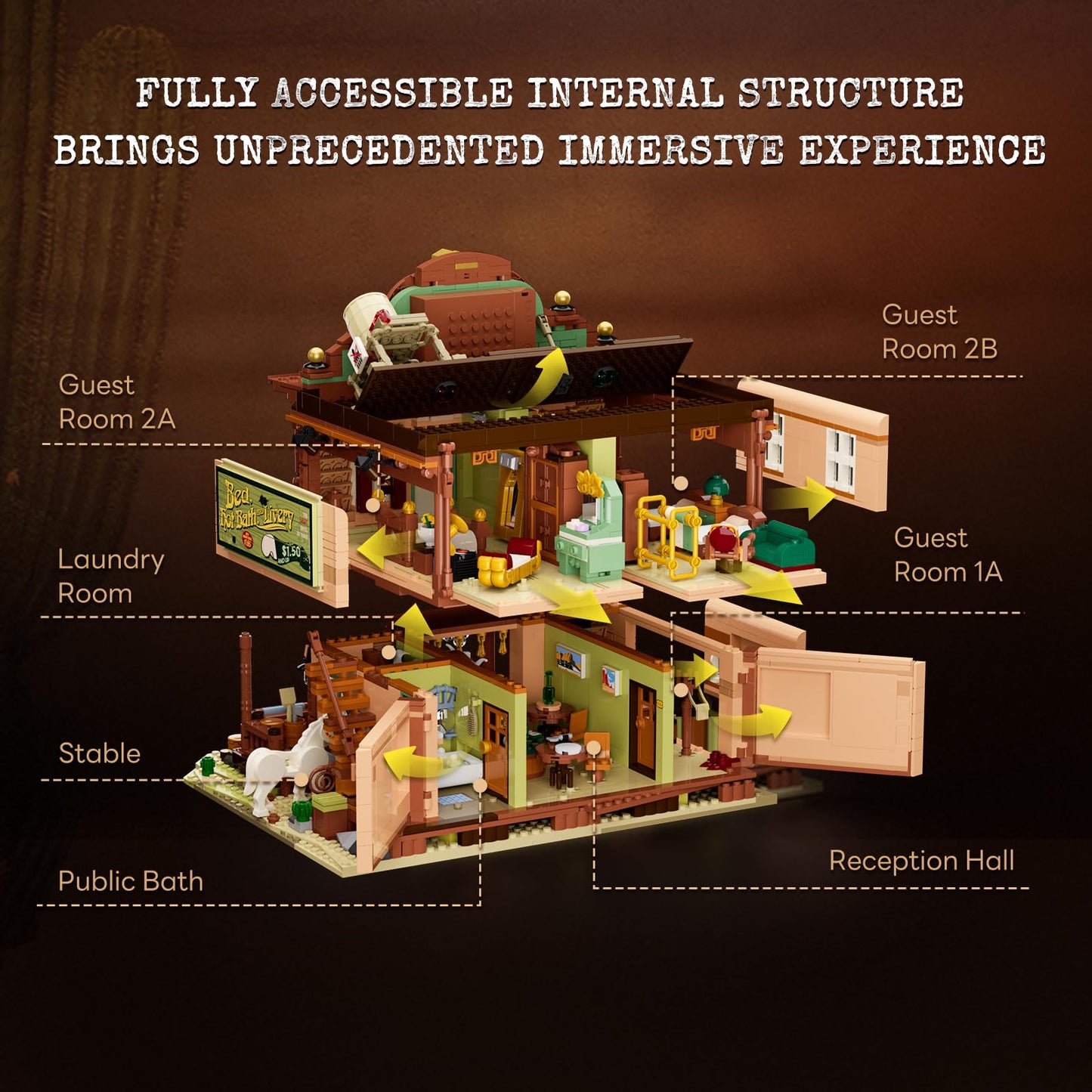 Lumibricks Western-Inn Lighting-Building-Bricks Set - 2682 Pcs The Old West Inn Light Construction Hotel Building Model Set for Adults and West Lovers