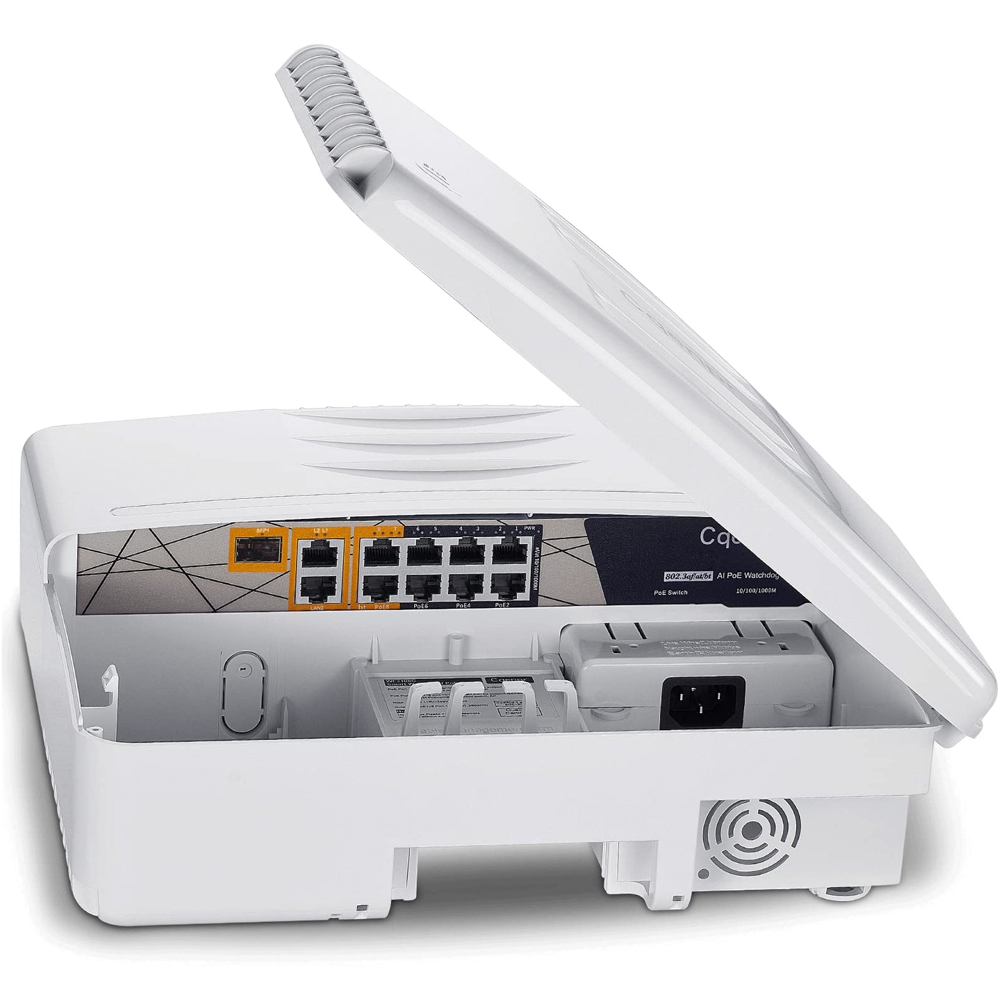 Cqenpr Outdoor Poe Switch with 8 Port Poe+2G Uplink+1SFP Slot, IEEE802.3af/at/bt, All-in-One Box, 60W PoE++, 120W High Power Output, Play & Plug, Fan-Less Unmanaged, AI Watchdog.