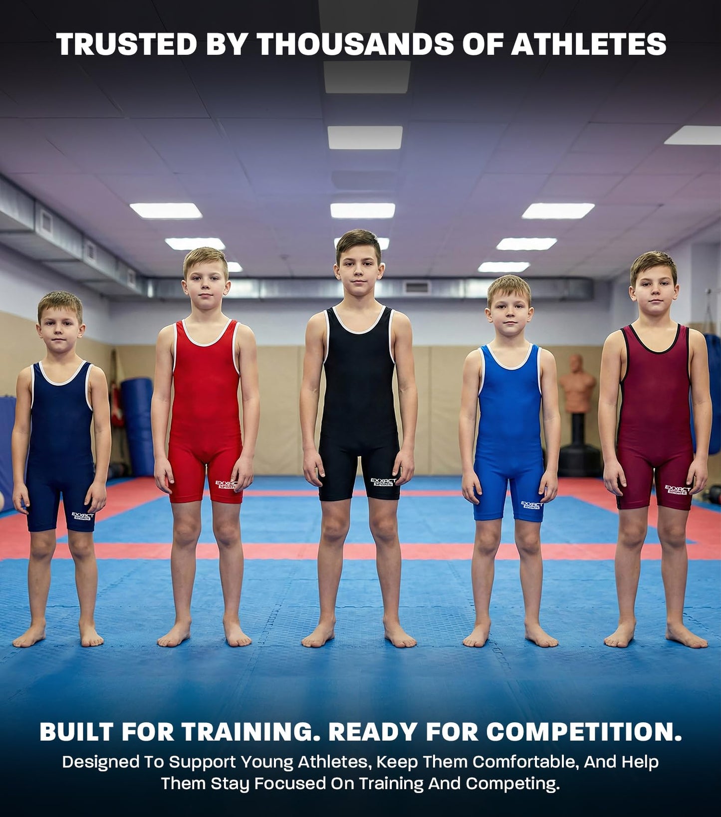 Exxact Sports Plain Youth Wrestling Singlet For Boys, Premium Powerlifting Singlet, Kids Wrestling Singlets For Training - (Red, YM)