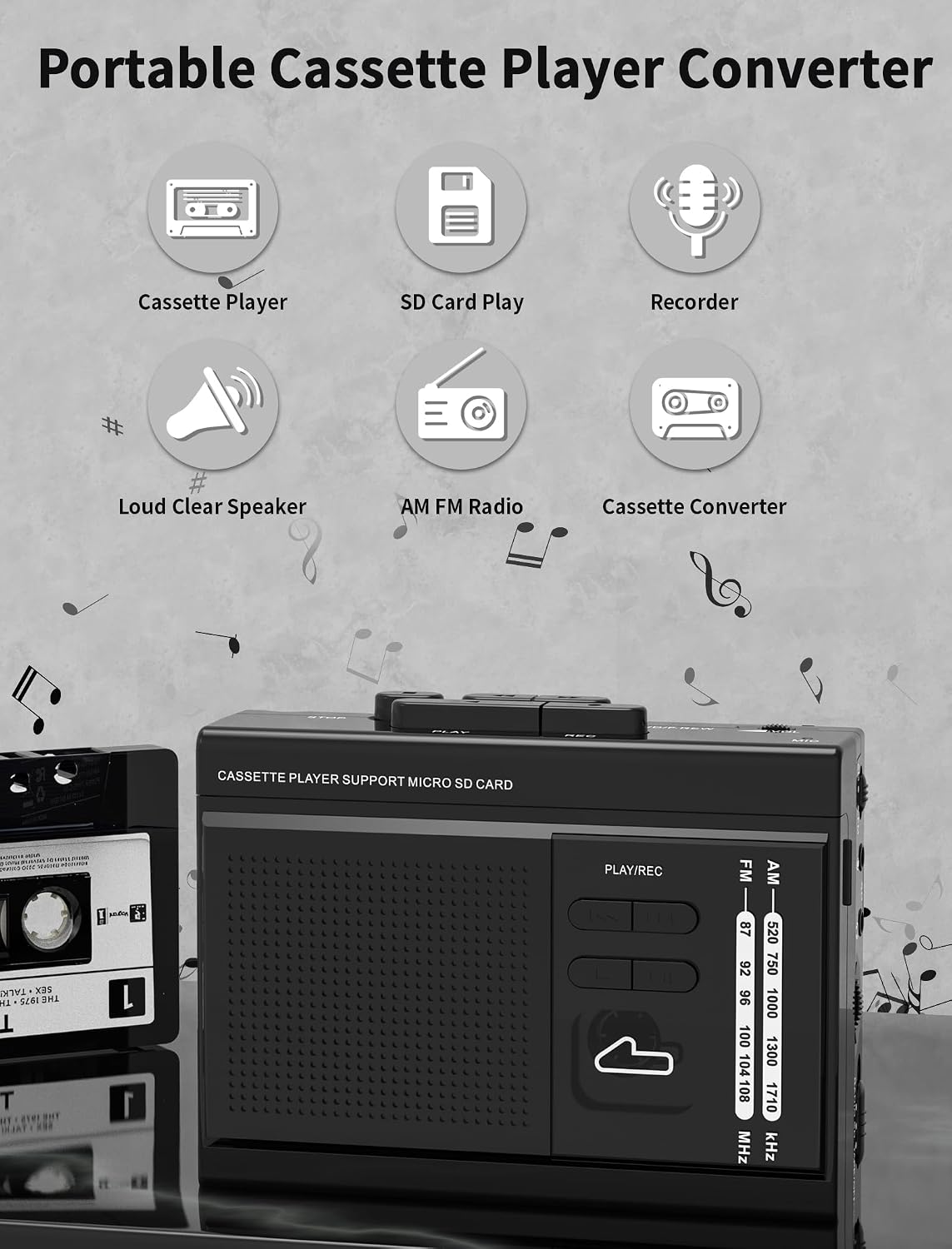 Cassette MP3 Cassette Radio,Cassette Recorder,USB-C/2AA Microphone,3.5mm to Player via SD Card Converter with AM FM