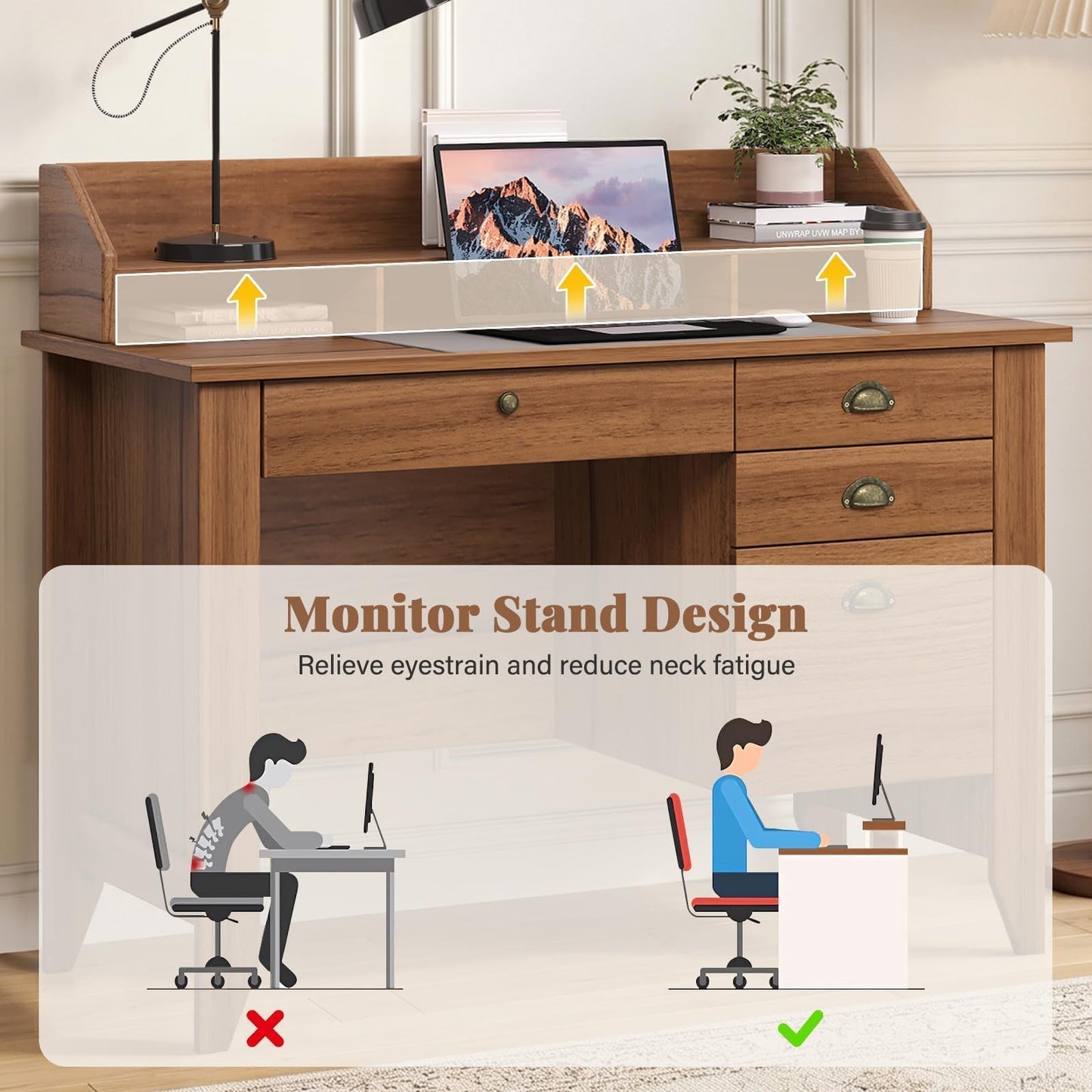 4 EVER WINNER Desk with Drawers, 47'' Small Desk with Monitor Stand and File Drawer, Computer Desk with Storage for Bedroom, Living Room, Small Spaces, Walnut