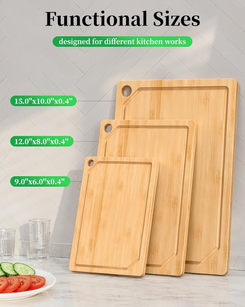 Kitchen Cutting Board Set - 3-Piece Wooden Boards with Juice Groove & Handles | Natural 0.4” Thick