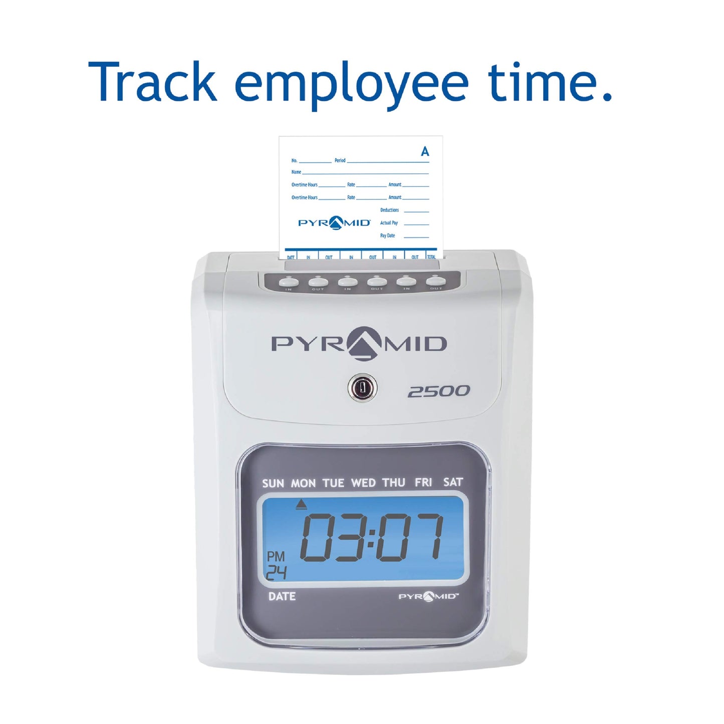 Pyramid Time Systems - 2500 Auto-Aligning Employee Time Clock Timekeeping Bundle [2500K1] for Small Business, Punch Clock System with 100 Time Cards, 2 Ribbon Cartridges, 10-Slot Rack & Security Keys