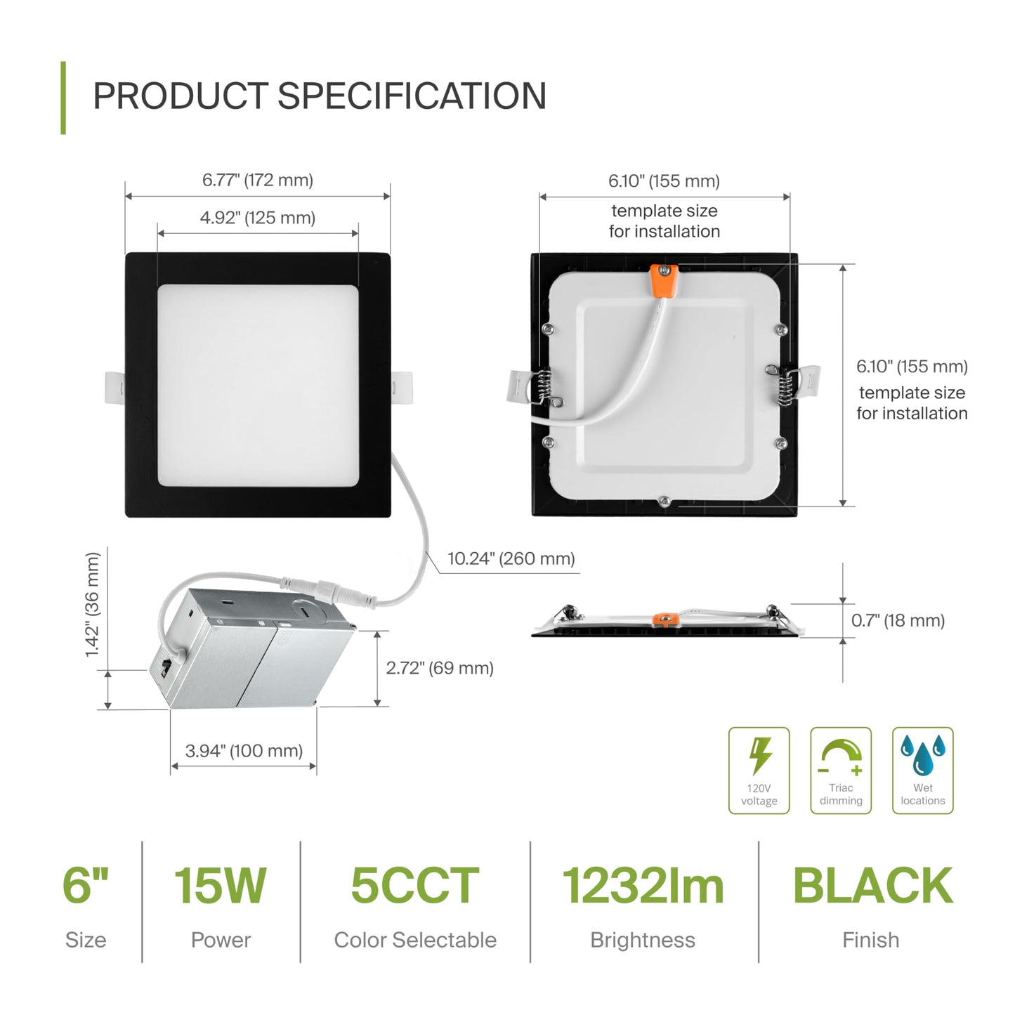 ASD 12 Pack LED Square Recessed Lighting 6 Inch, 5CCT 2700K-5000K CRI90+, Dimmable Ultra-Thin Canless Wafer Lights, IC Rated Ceiling Light Fixtures with Junction Box, ETL Energy Star, Black