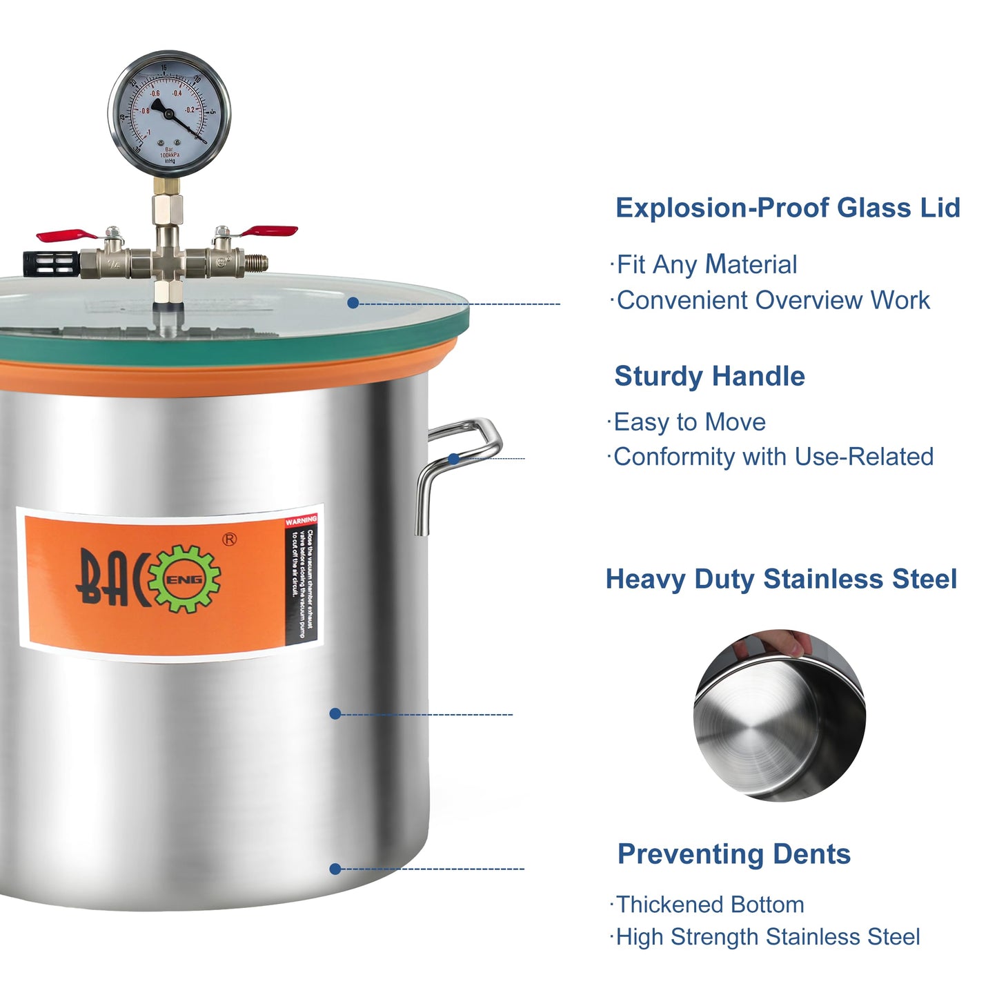 BACOENG 5 Gallon Tempered Glass Lid Vacuum Chamber, Stainless Steel Degassing Chamber for Stabilizing Wood, Degassing Silicones, Epoxies and Essential Oil