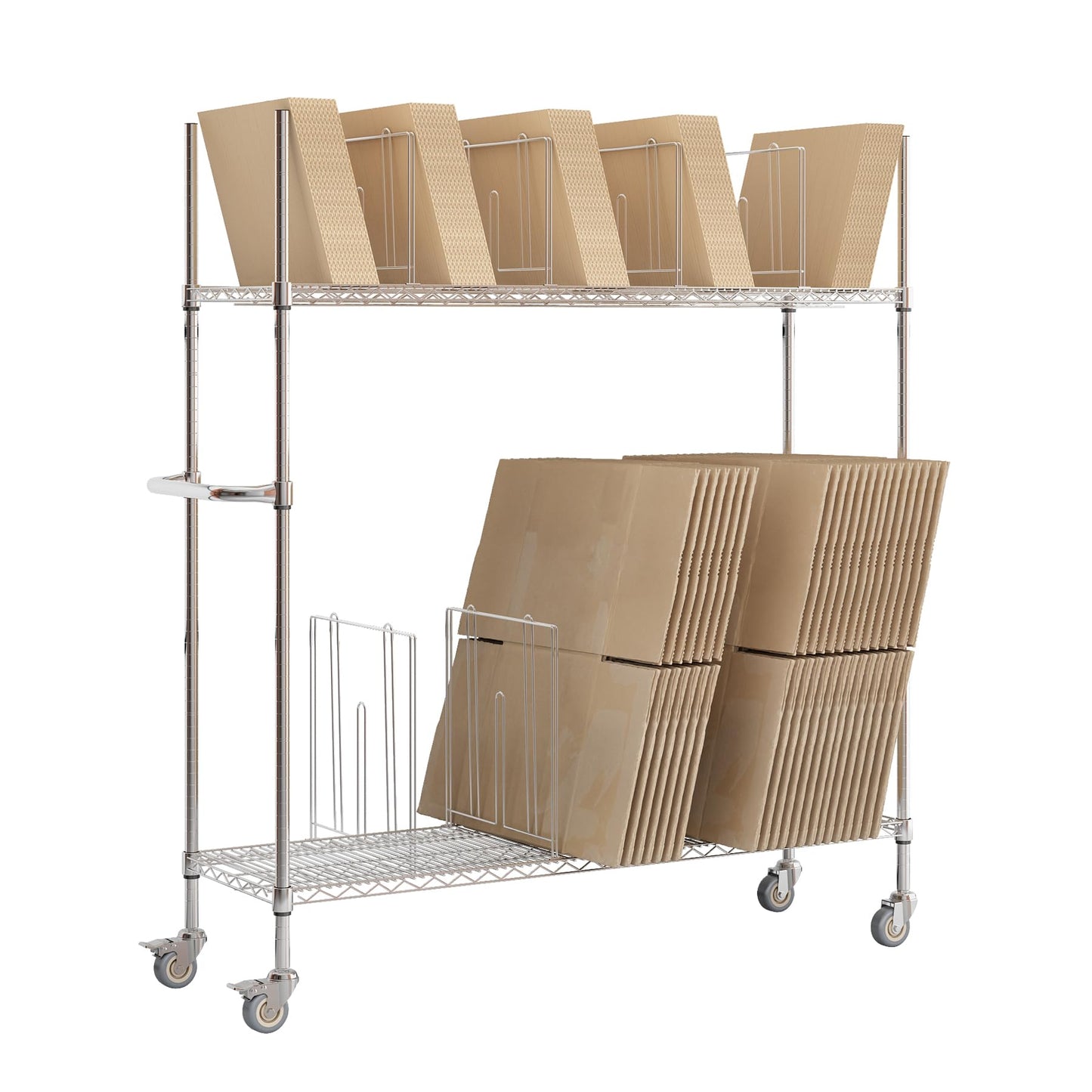 biosplot Wire Carton Cart, 2-Tier Carton Stand Unit, 60" x 18" x 69",400 Lb. Capacity, Portable Storage Rack with Wheels & Dividers, Metal Cardboard Box Rack for Home Supermarket Warehouse Commercial