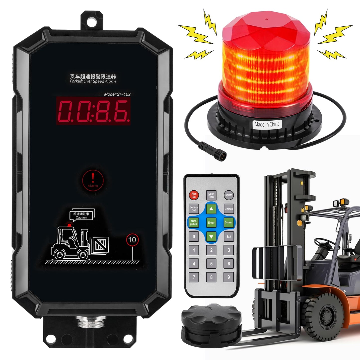 Speed Limit Alarm for Forklift with Remote Overspeed Alarm Siren Horn 120db Forklift Speed Limiter Warning Light Waterproof IP67 Fork Truck Safety System DC12~48V