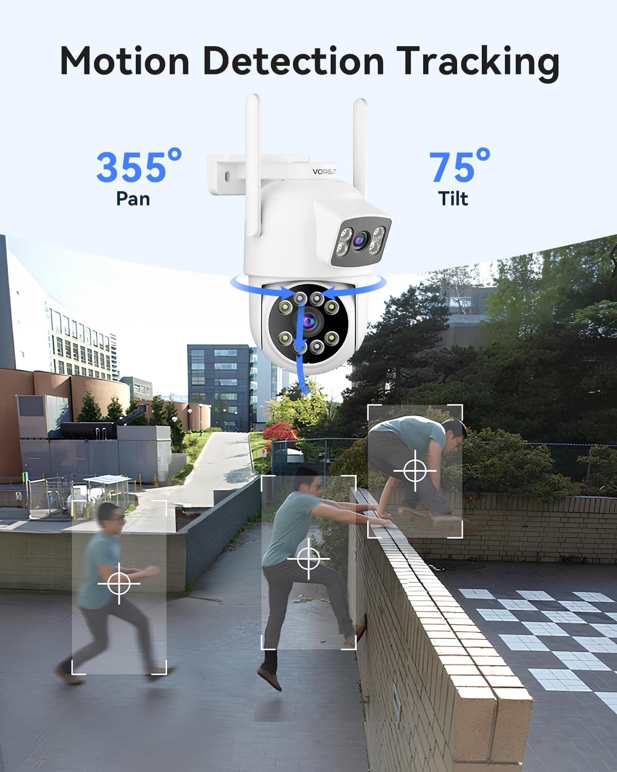 VORGUT Security Camera System Wireless Outdoor with 12" Monitor, 4pcs 2K Dual Lens Cameras for Home & Business Surveillance, 360° PTZ, 2.4G/5G WiFi, Human Detection, Auto Tracking, 16CH NVR, 500G HDD