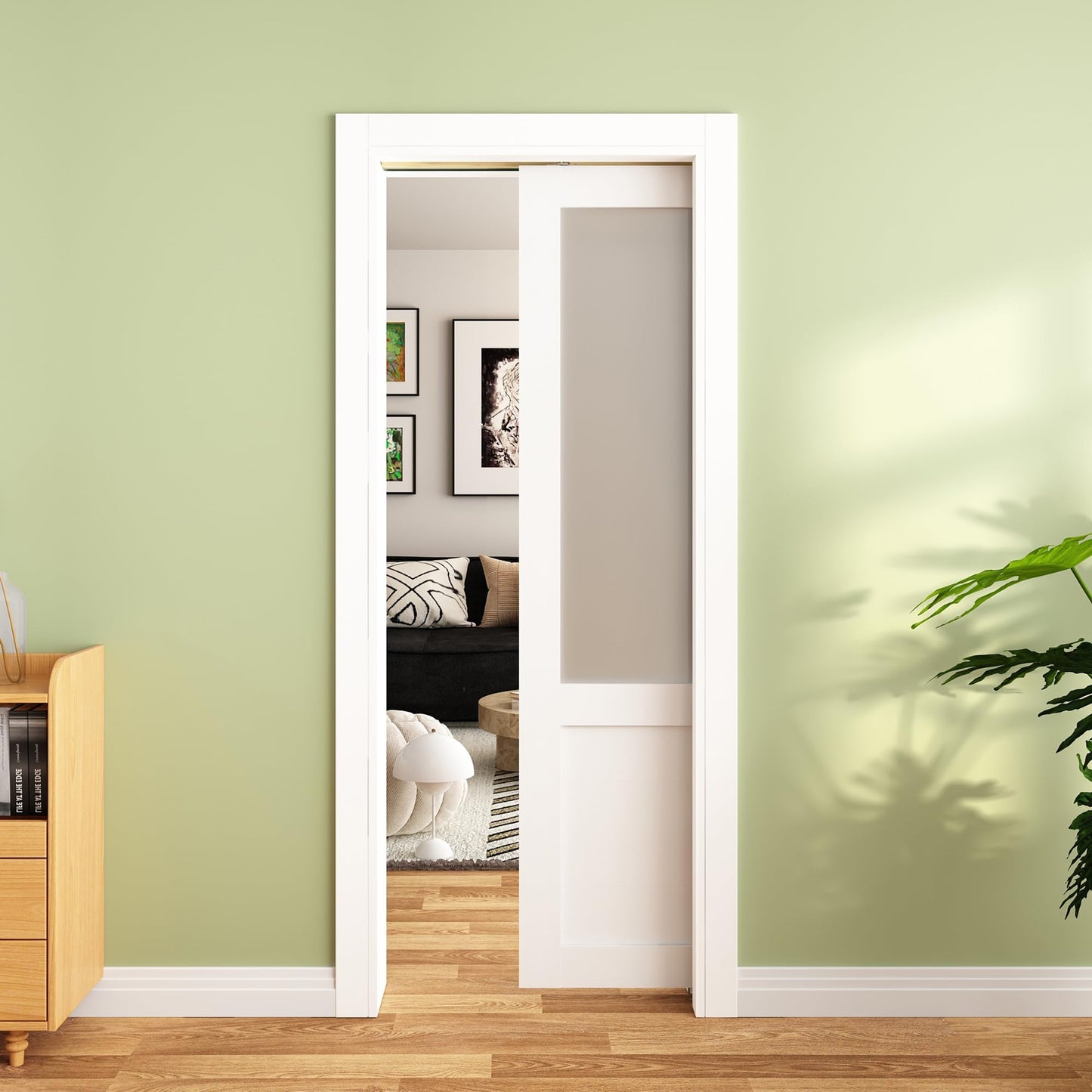 JUBEST Pocket Door 36"x80", 2-Panel Tempered Frosted Glass Sliding Pocket Door with Soft Close Hardware Kit, Sturdy Solid Wood & MDF with Water-Proof PVC Surface, White
