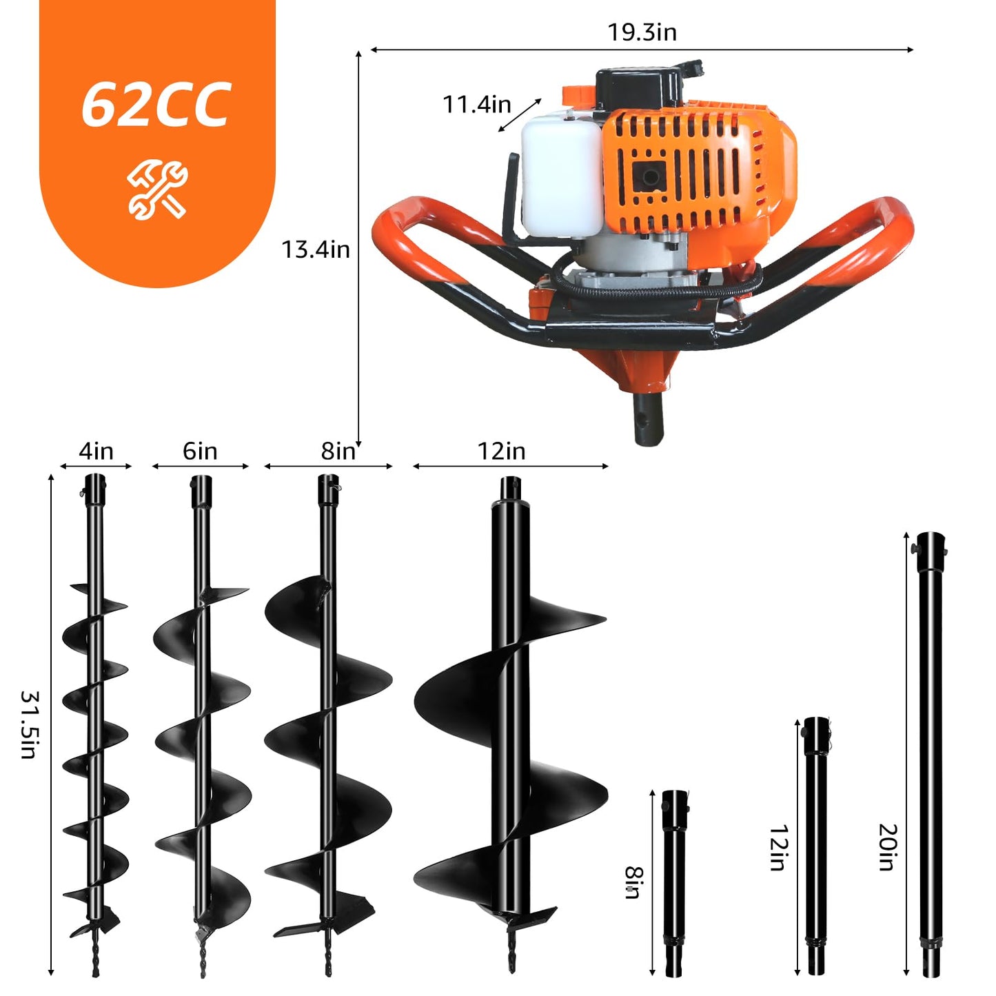 XJADQW 62CC 2-Stroke Gas Powered Post Hole Digger with 4" & 6" & 8" & 12" Auger Bits + 8“ & 12" & 20" Extension Rod, Heavy Duty Earth Auger for Farm, Garden, Landscaping, Construction