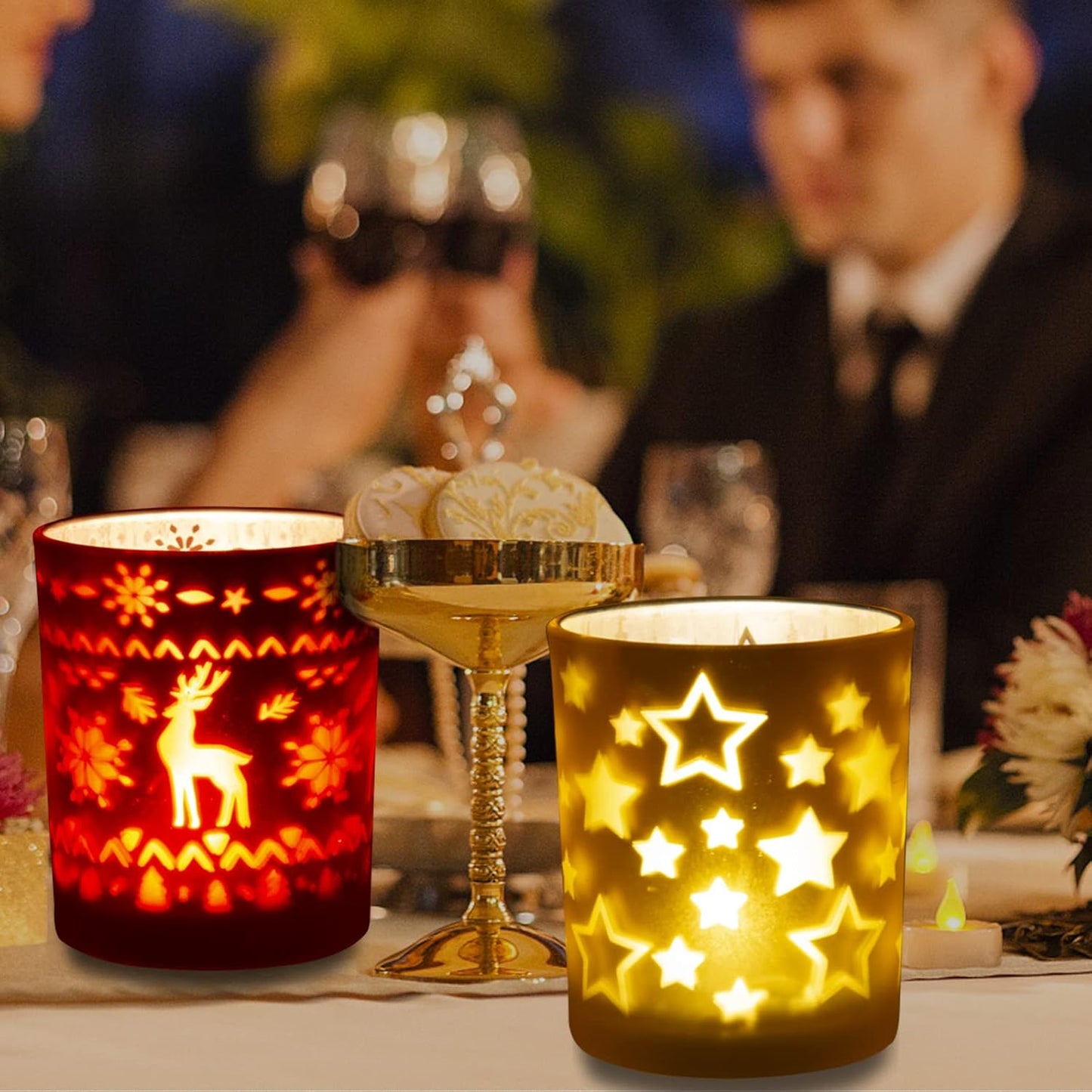 Rancco Tealight Candle Holders - Festive Indoor Xmas Decor | Elk, Christmas Tree & Stars Designs, 3.3x2.6in