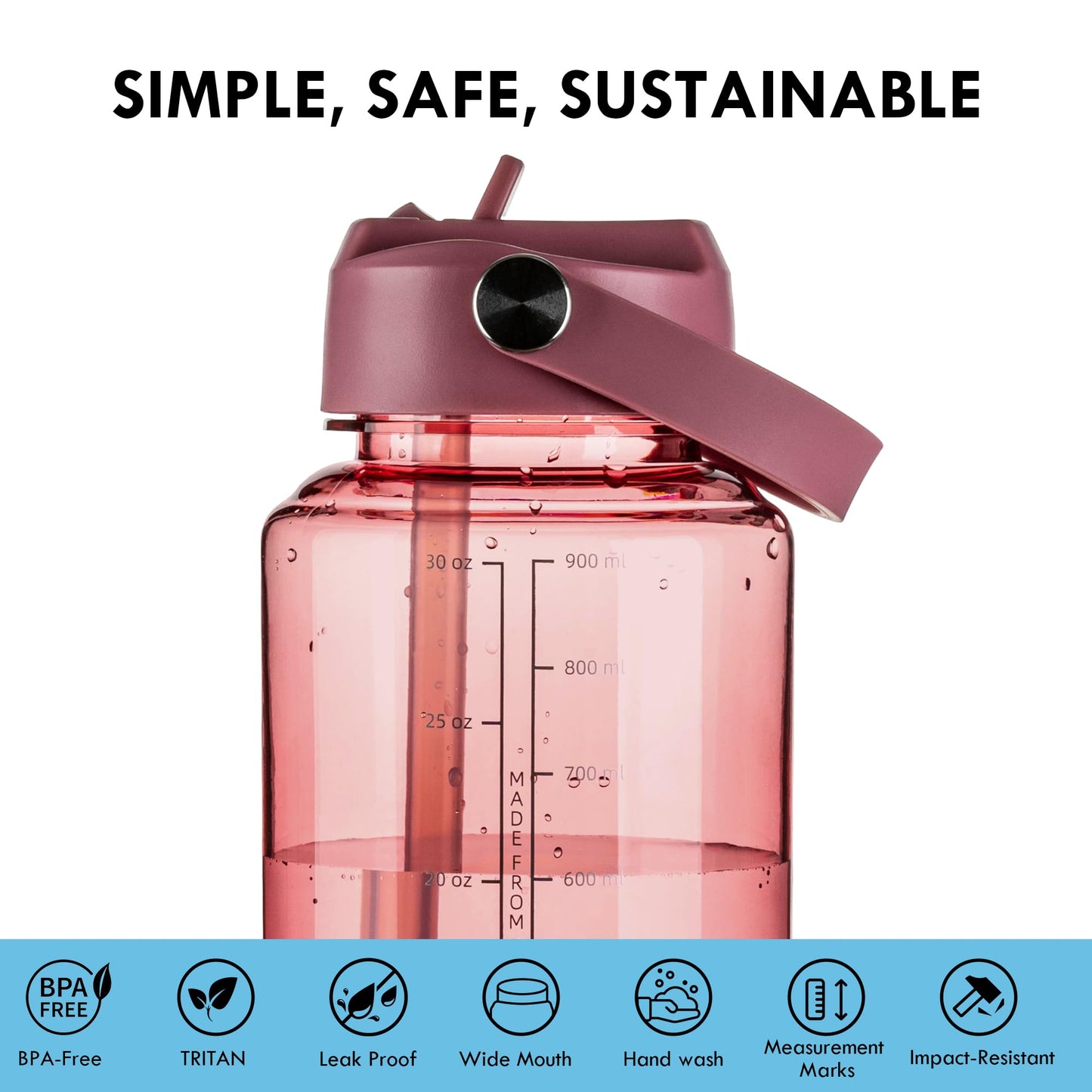 OLDLEY 32 oz Clear Water Bottle with Straw,Tritan BPA-Free, Wide Mouth, Leak Proof - for Gym, Travel, Home, School, Office (Red)