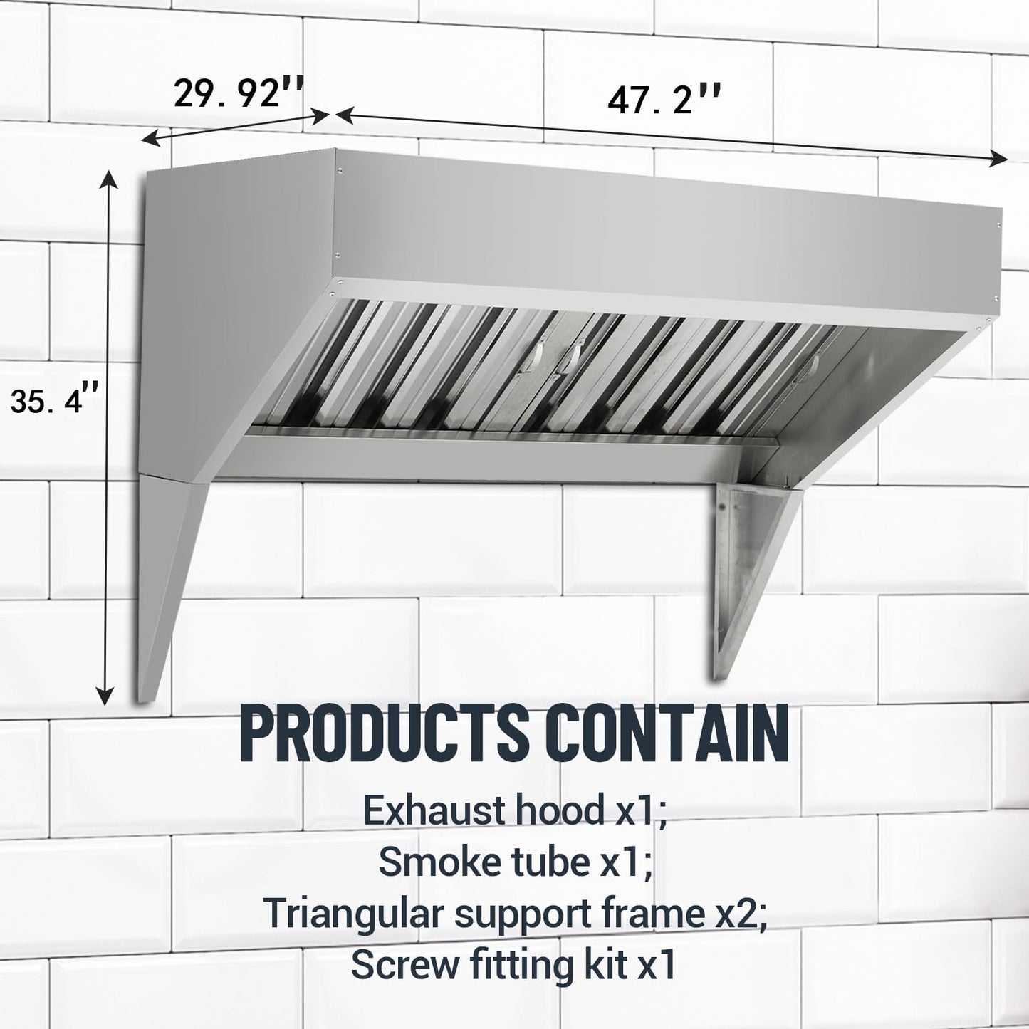 Commercial Kitchen Exhaust Hood, 4 Ft Rust-Resistant 201 Stainless Steel Vent with u-Shaped Baffle Filters, No Electricity Required for Safe Grease Extraction, for Restaurant, Food Truck & Kitchen