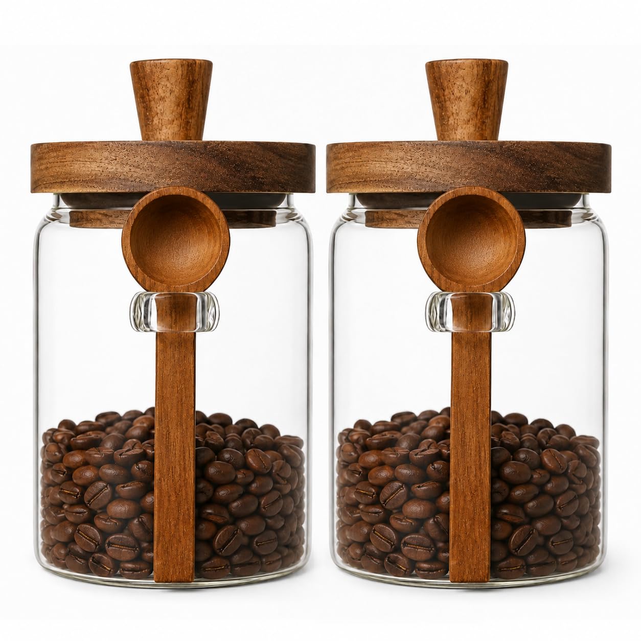 ANSQU Set of 2 Glass Food Storage Jars with Woodens Lid and Spoons, 20.3oz Glass Kitchen Canisters for Coffee, Tea, Cereal, Spice and Canning, Mason Jars, Cute Jars