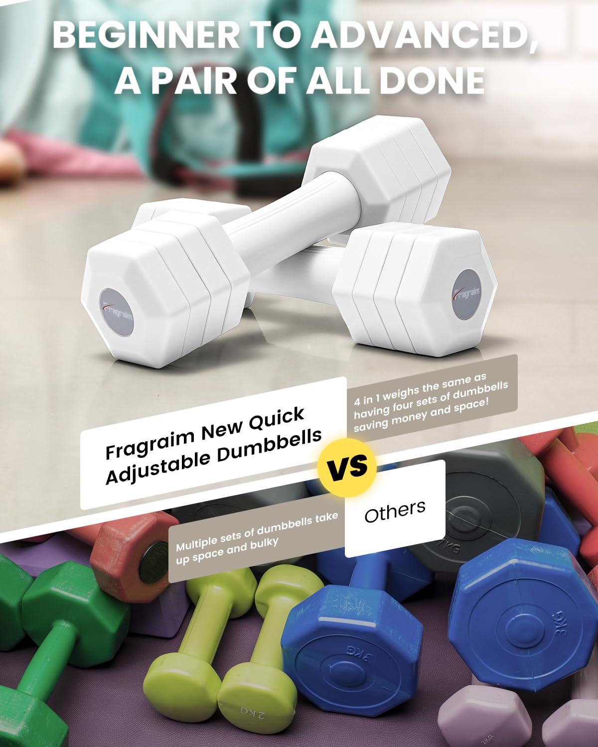 Adjustable Dumbbells Set, 4 in 1 Hand Weights Set for Women Men 10 LB Dumbbell Pair Each 2lbs 3lbs 4lbs 5lbs Weights Dumbbells Set with TPU Soft Rubber Handle for Home Gym Exercise Fitness - White
