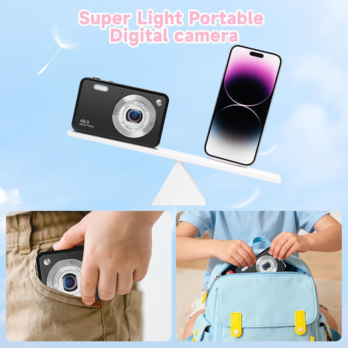 fceoul Kids,1080P 48MP 32GB 16X Digital Camera for Point and Shoot Digital Cameras with Memory Card and Digital Zoom
