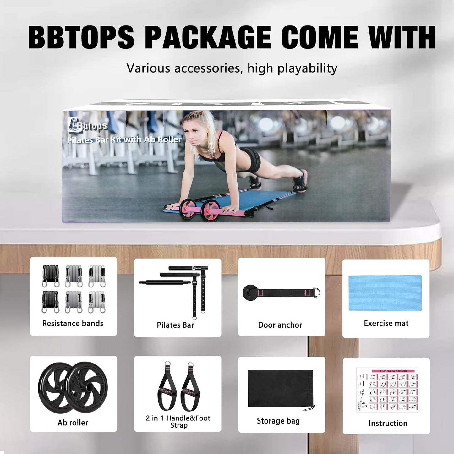 BBTOPS Pilates Bar Kit with Resistance Bands, Pilates Equipment Exercise Bar with Ab Roller for Abs Workout, Portable Home Gym Yoga Fitness Bar for Women & Men (Black)