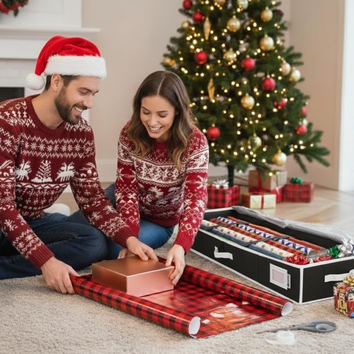 HOLDN' STORAGE Premium Wrapping Paper Storage Container - Durable 600D Tear-Proof Design | Fits 27 Rolls with Extra Pockets for Ribbons & Bows - Ideal Underbed Storage for Holidays, Black/White Trim