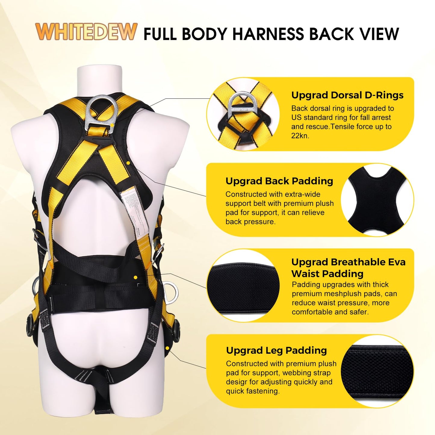 WHITEDEW Fall Protection Premium Safety Harness with Shock Absorbing Lanyard, Vented & Padded Shoulder, Legs & Back - Upgrade 4 Quick Buckles (Yellow)