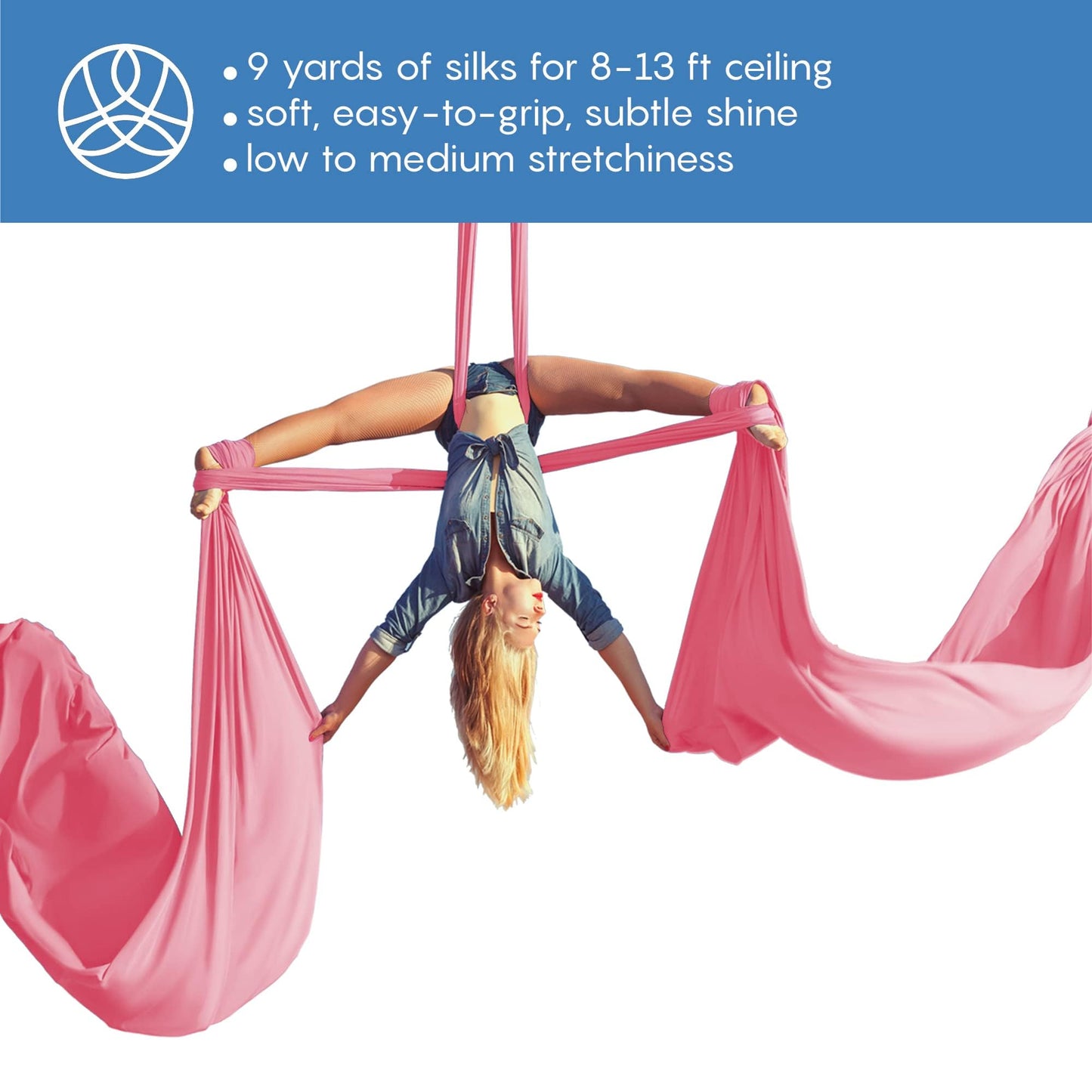 Aum Active Aerial Silks Starter Kit - Durable 9 Yards of Aerial Yoga Hammock with Hardware & Guide - Aerial Swing for Acrobatic Flying Yoga & All Levels (Aerial Rigging Point Up to 13ft)