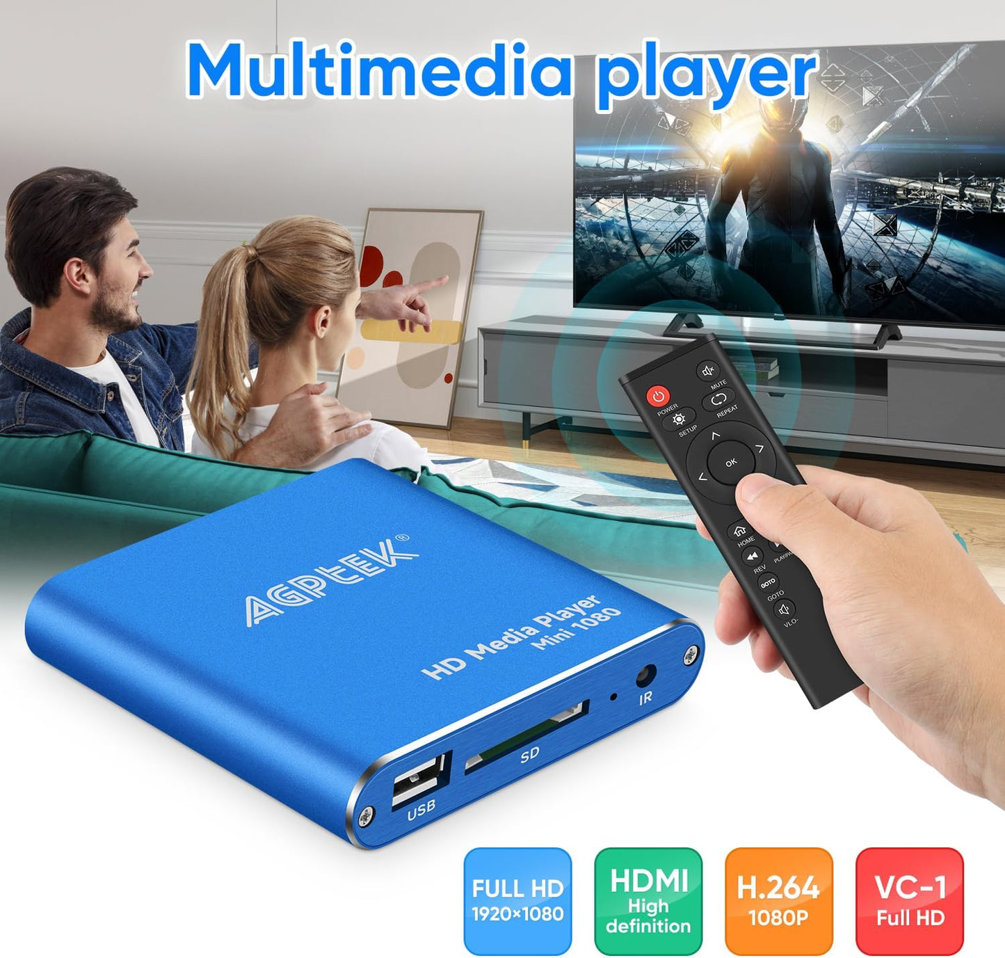 MYPIN 1080p MP4 MP4 HDMI Media Player, Blue Mini Full-HD Ultra HDMI Player for -MKV/RM/ / AVI etc- HDD USB Flash