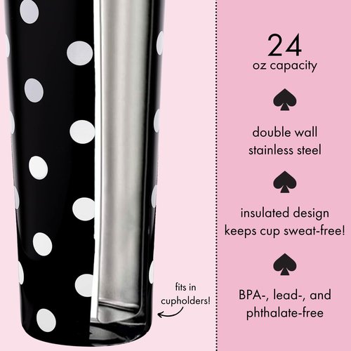 kate spade new york Cute Stainless Steel Mug, 24 Ounce Travel Tumbler, Double Wall Insulated Cup with Lid, Picture Dot (Black/White)