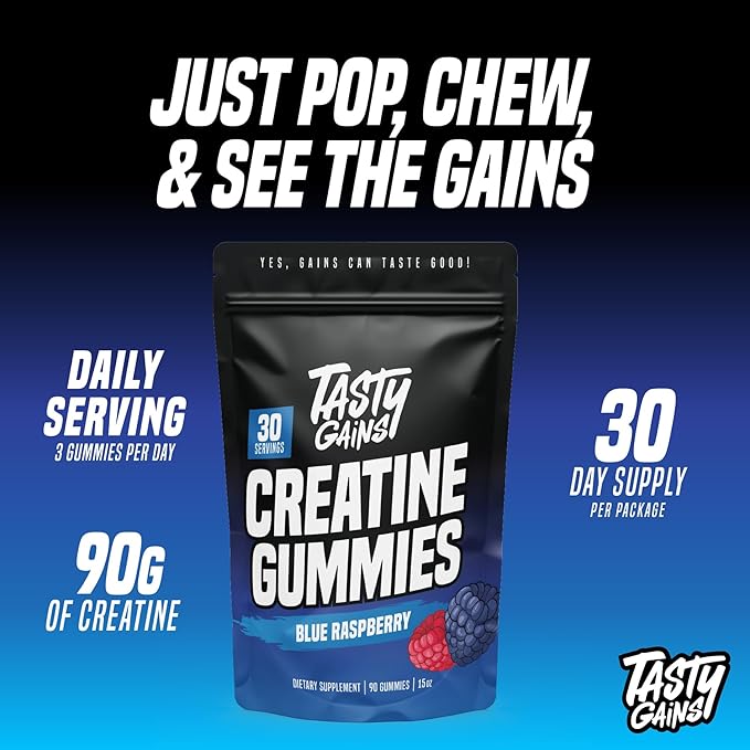 Creatine Gummies - 90g of Creatine Monohydrate - Workout Supplements - Build Muscle & Boost Strength for Men & Women - Made in USA - Non GMO - Vegan Friendly (Large, Blue Raspberry)