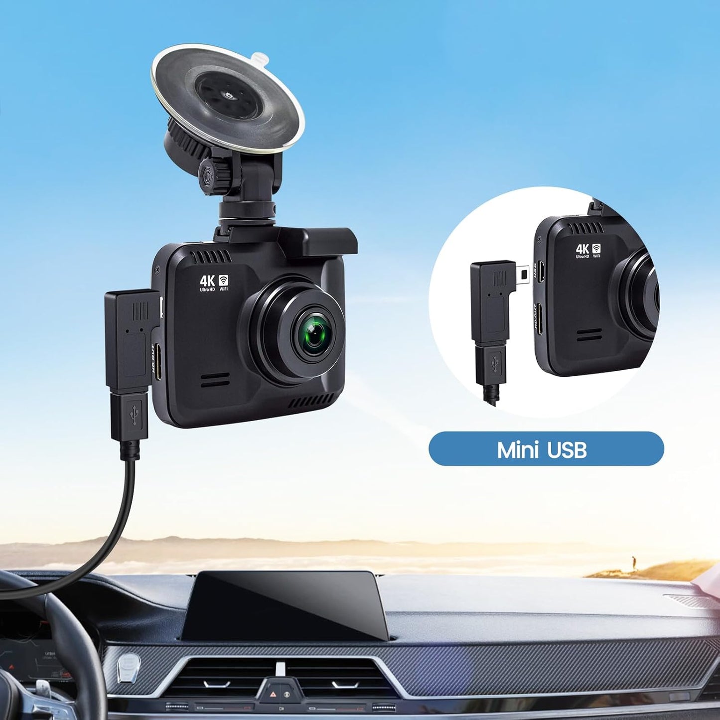 R2-4K, 11.5 V1 Dash Cam Power Cord Mini USB for Rove ft Cable for Rexing Camera, with USB C Adapter