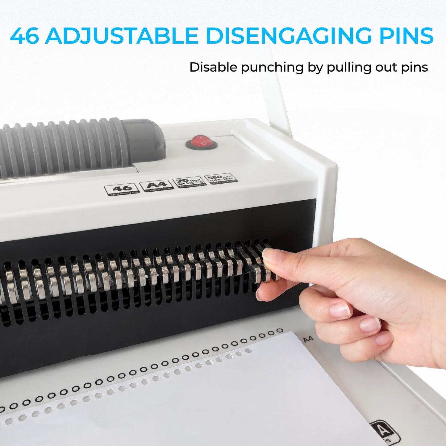 Spiral Binding Machine with Electric Coil Inserter, 20-Sheet Manual Punch, 4:1 Pitch, 46 Fully Disengageable Pins for Versatile Binding - Binds up to 500 Sheets - Includes 100 Coils & Crimping Pliers
