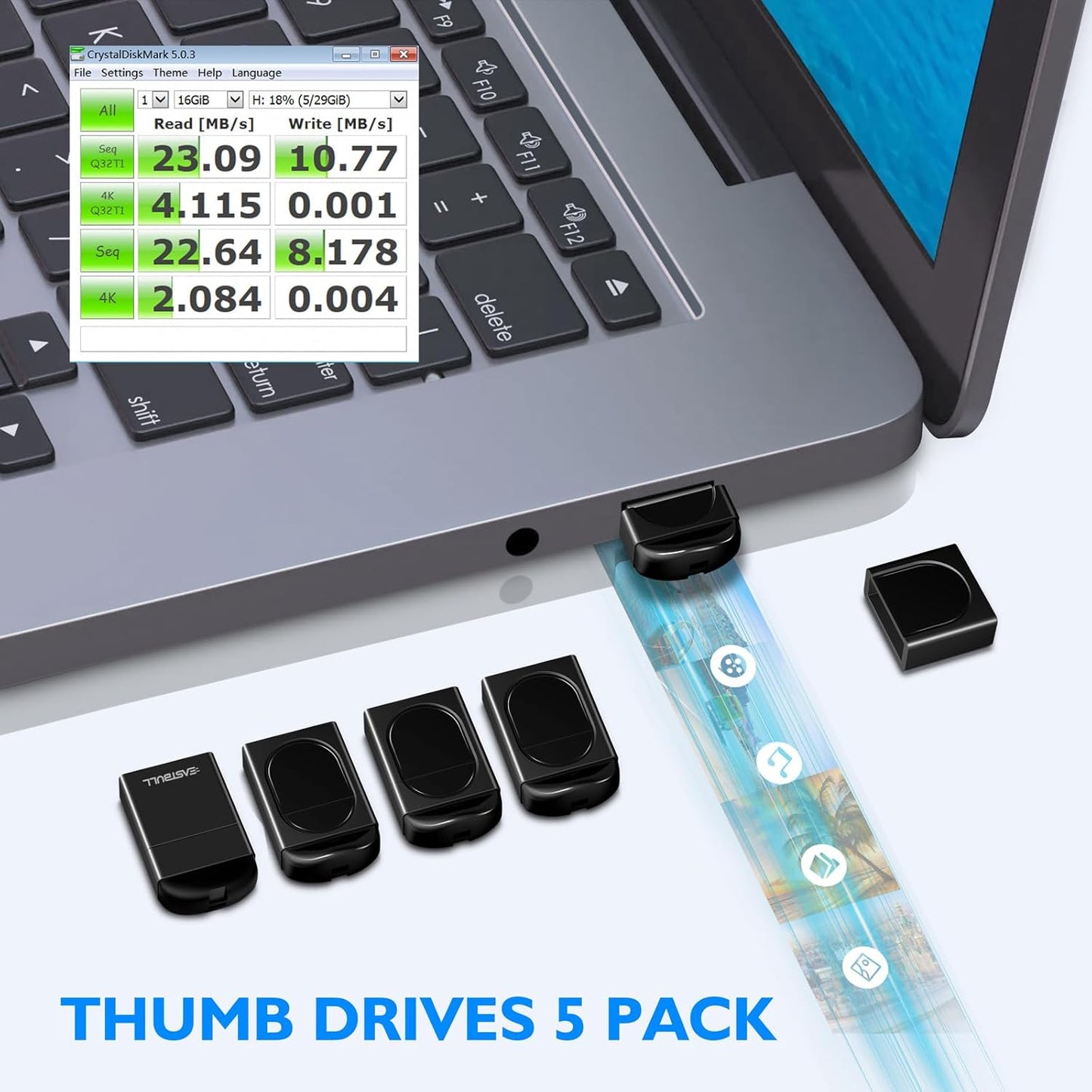 EASTBULL 8GB 5 Pack USB2.0 FAT32 8 5 Pack 1 Small Flash Drives Mini USB Drive with a USB-C Adapter, Mini Thumb Drive GB