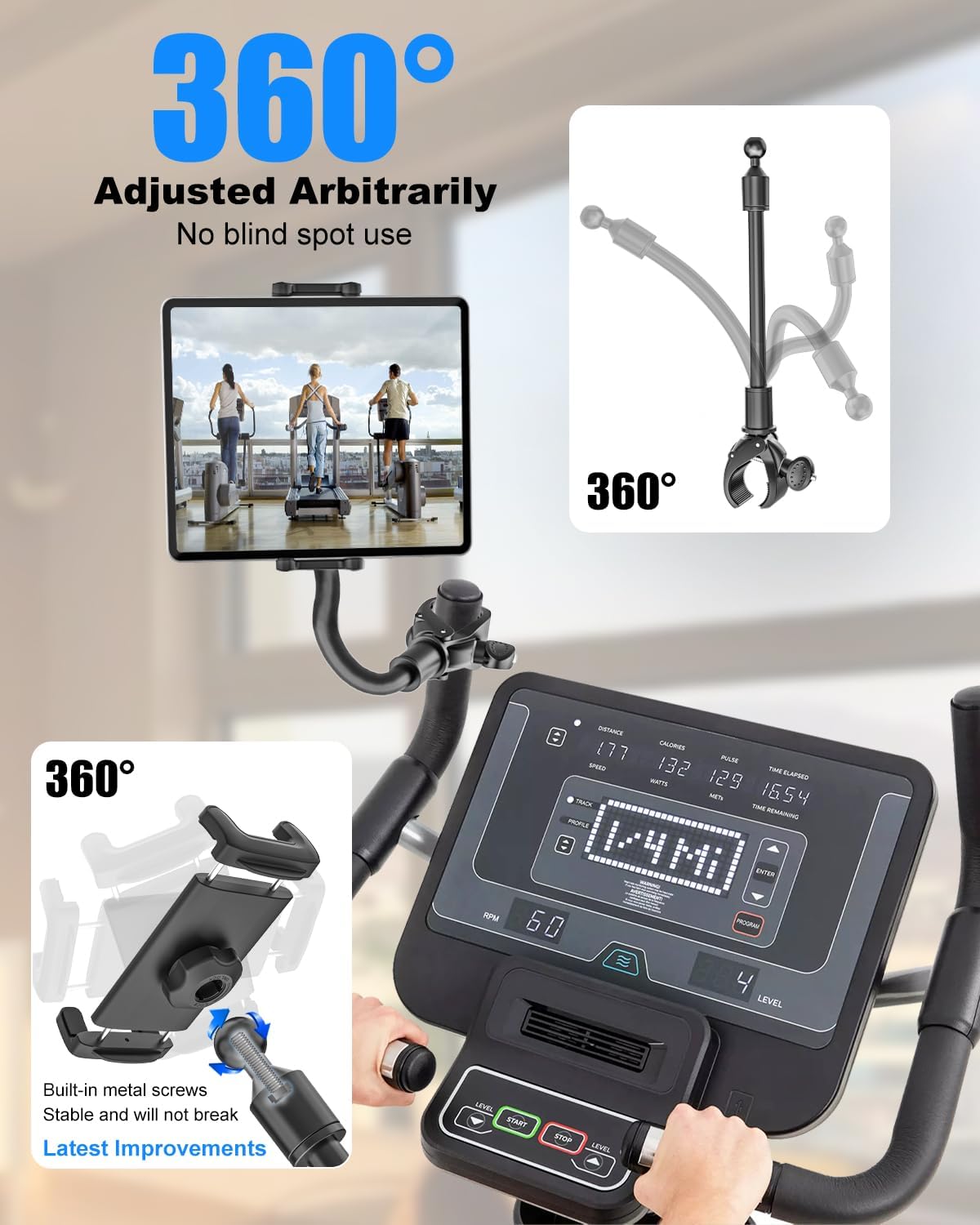 Kolasels 4-13" Spin Bike Tablet iPad Holder - Long Arm Gooseneck Tablet Mount Clamp for Indoor Bike Peloton, Treadmill