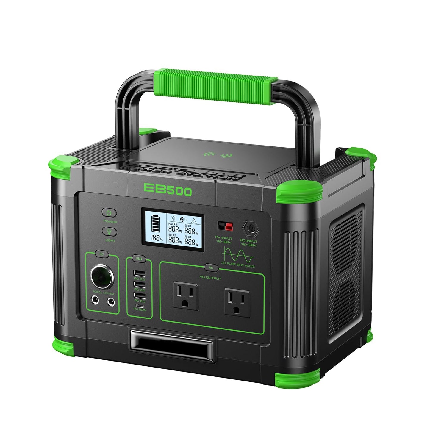 500W Portable Power Station, 519.48Wh Outdoor Solar Generator Backup Battery Pack with 2 AC Outlets, 500W (Peak 1000W) 10-Port Powerhouse for RV/Van Camping Fishing Climbing Road Home Emergency
