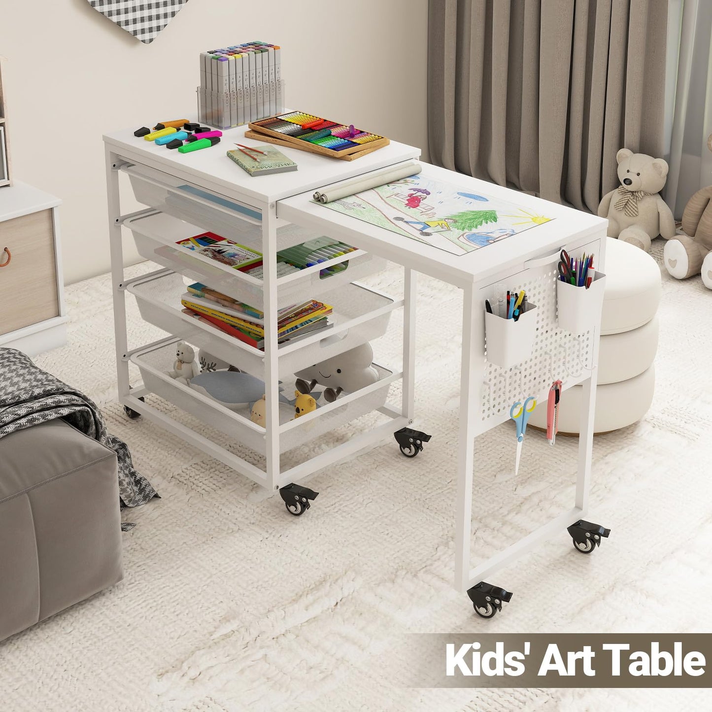 Rolling Craft Storage Cart with Wheels & Mesh Drawers, Extendable Craft Table with Pegboard Organizer, Muti-Functional Work Table for Sewing, Arts and Crafts, Scrapbooking Storage,3D Printers (White)