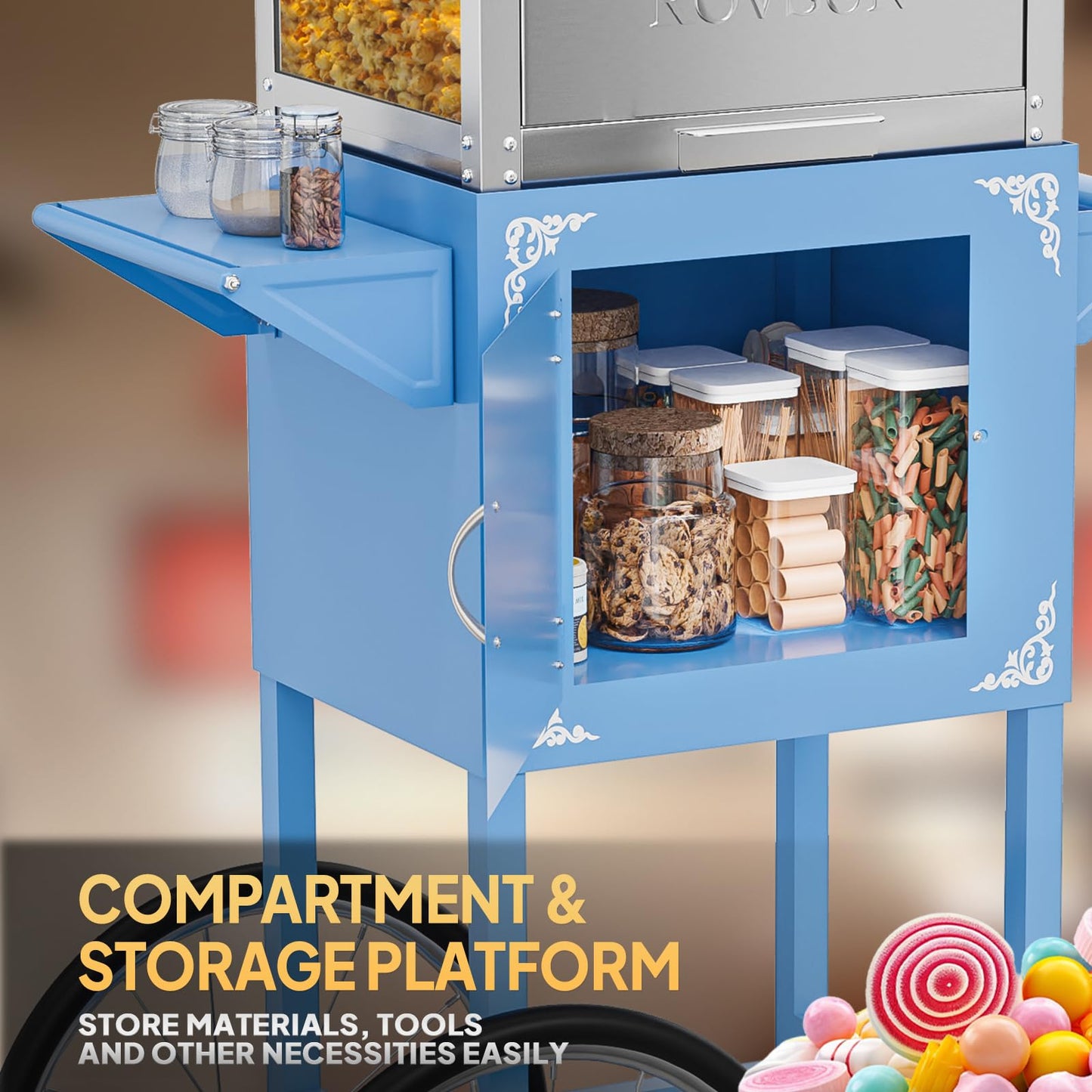 ROVSUN Popcorn Machine with Cart, 10 Oz Kettle Makes Up to 4 Gallons ETL Certified, Popcorn Maker w/Scoop, Oil Spoon, Bags & Popcorn Cups, Movie Theater Style Popper for Commercial Home Party, Blue