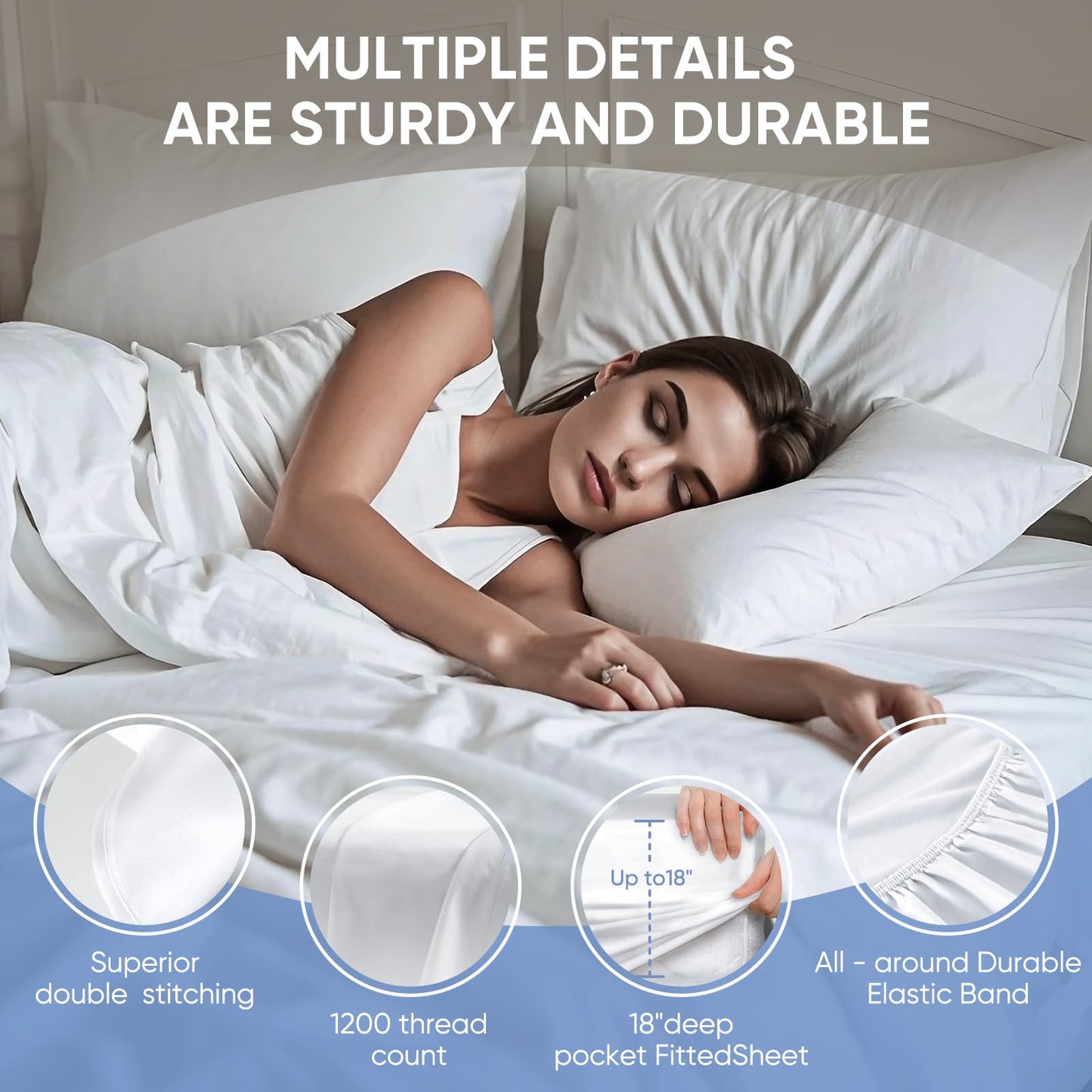 TWK 1200 TC 100% Egyptian Long-Staple Cotton Bedding Sheets Set, Luxury Hotel Style Deep Pocket with Elastic Reinforced Seams Sheet Set, Soft & Comfy Natural Sheets (White, King)