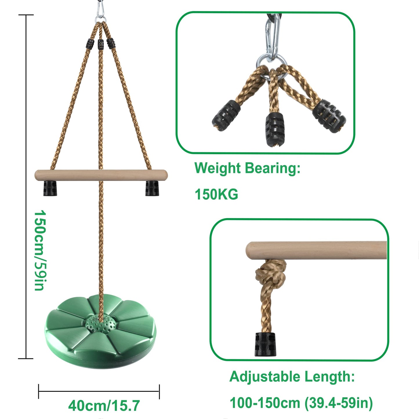KINSPORY Disc Swing for Kids, Swing Set Accessories, 7FT Height Adjustable Gym Monkey Bars, Hanging Tree Seat for Backyard, Outdoor Play Equipment - Green