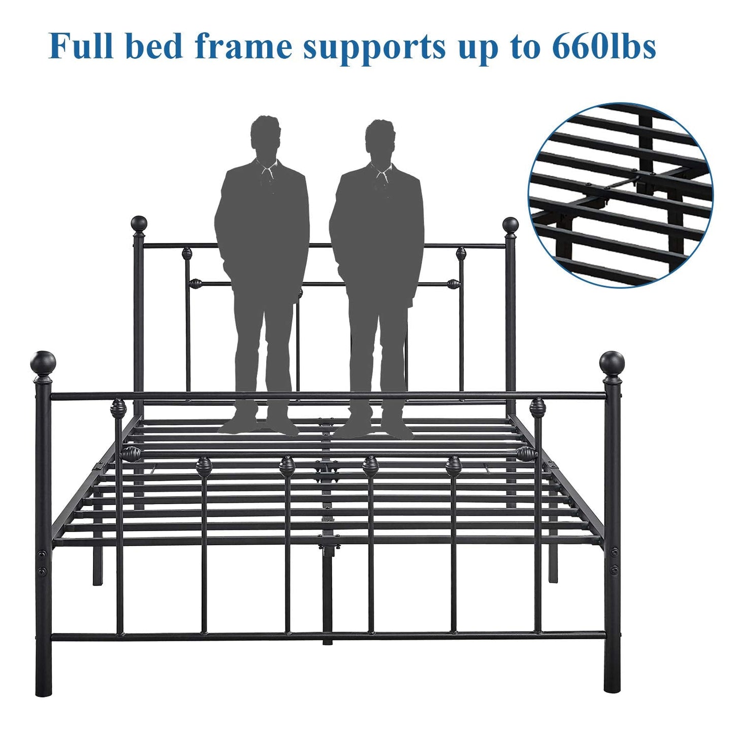 VECELO Full Size Metal Platform Bed Frame with Headboard and Footboard, Sturdy Steel Slat Support/No Box Spring Needed Mattress Foundation/Easy Assemble，Victorian Style, Pure White