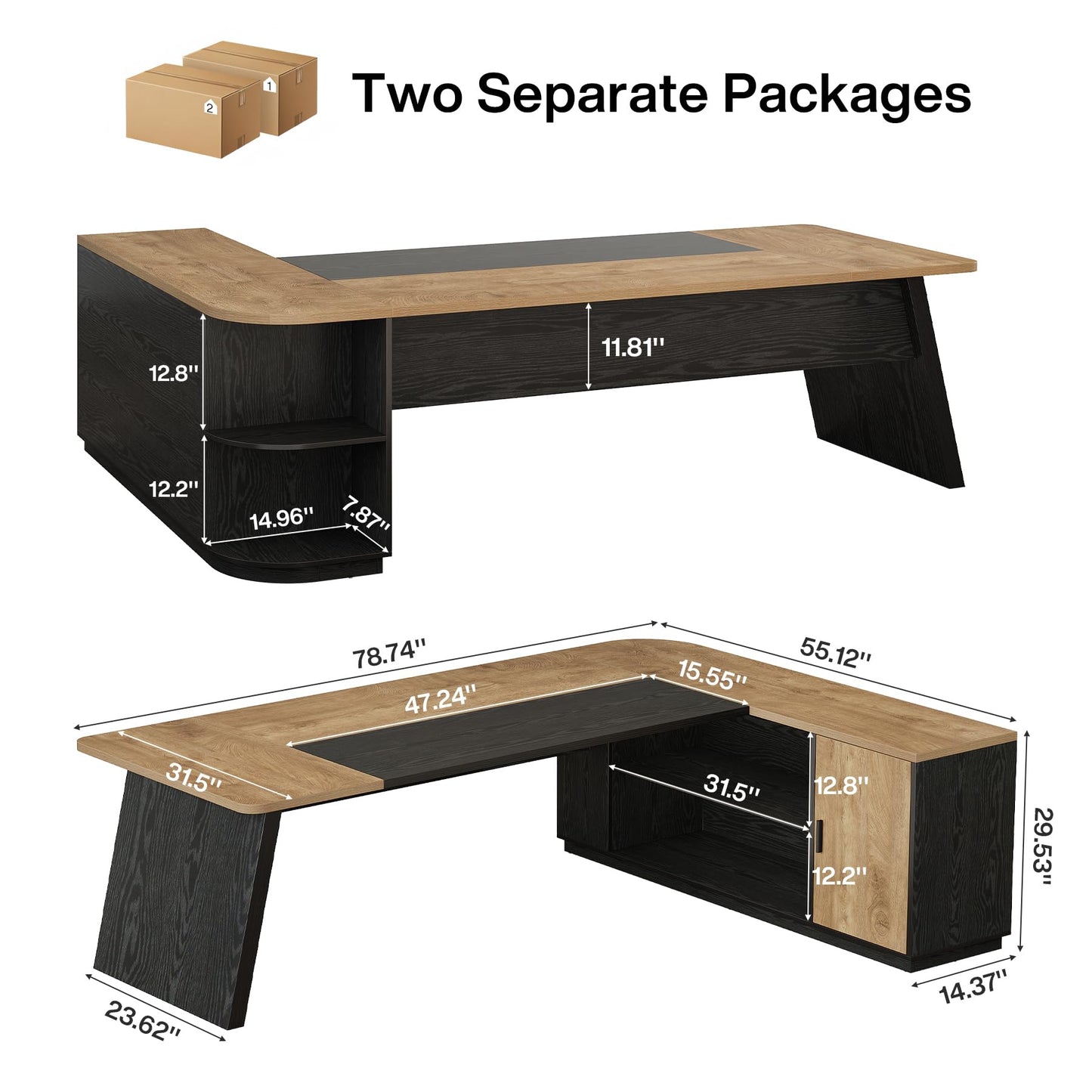 Tribesigns 79-Inch Executive Desk, Large Office Desk with Cabinet, L-Shaped Compter Desk with Storage Shelves, Writing Table for Home Office, Natural Oak and Black
