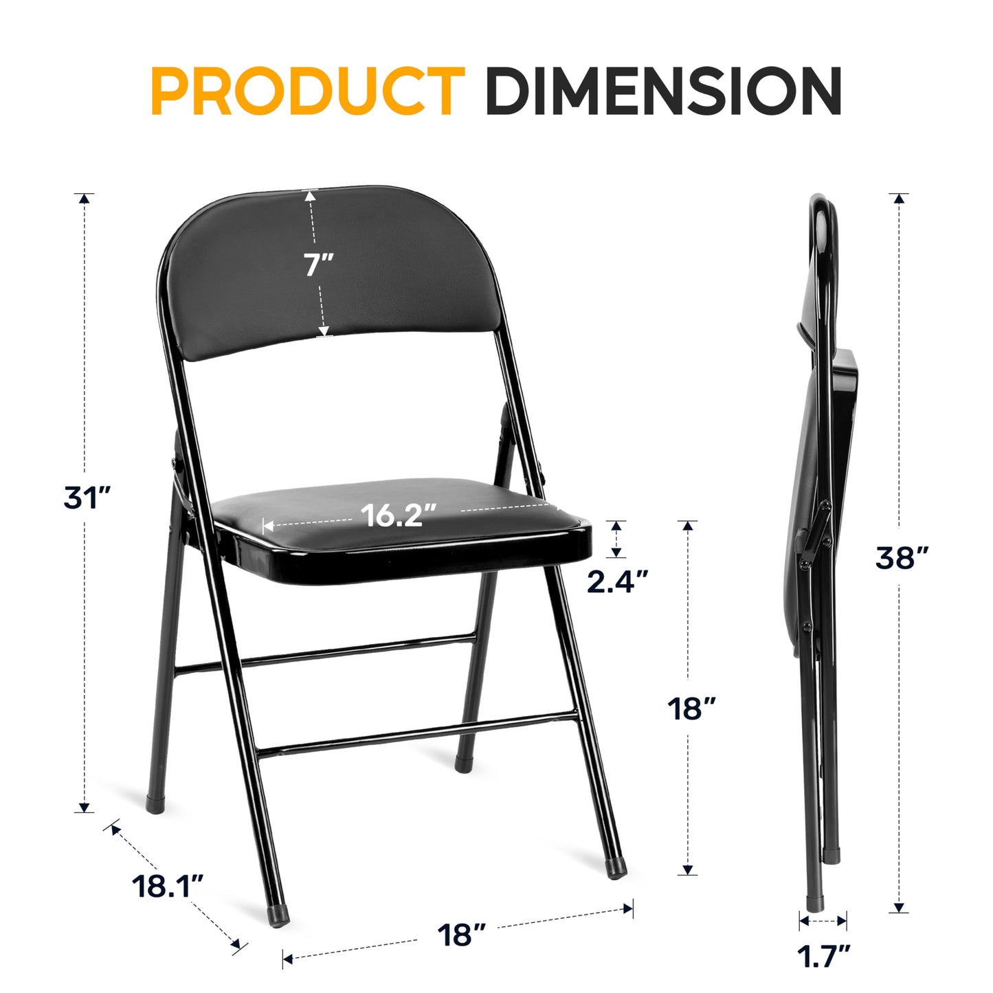 Simple Deluxe Dining Chairs Set of 2, Leather Cushion Foldable Modern Kitchen Side Chair with Padded Back& Metal Legs, Upholstered Dinner Seat Gift for Home/Living Room/Bedroom/Restaurant, Black
