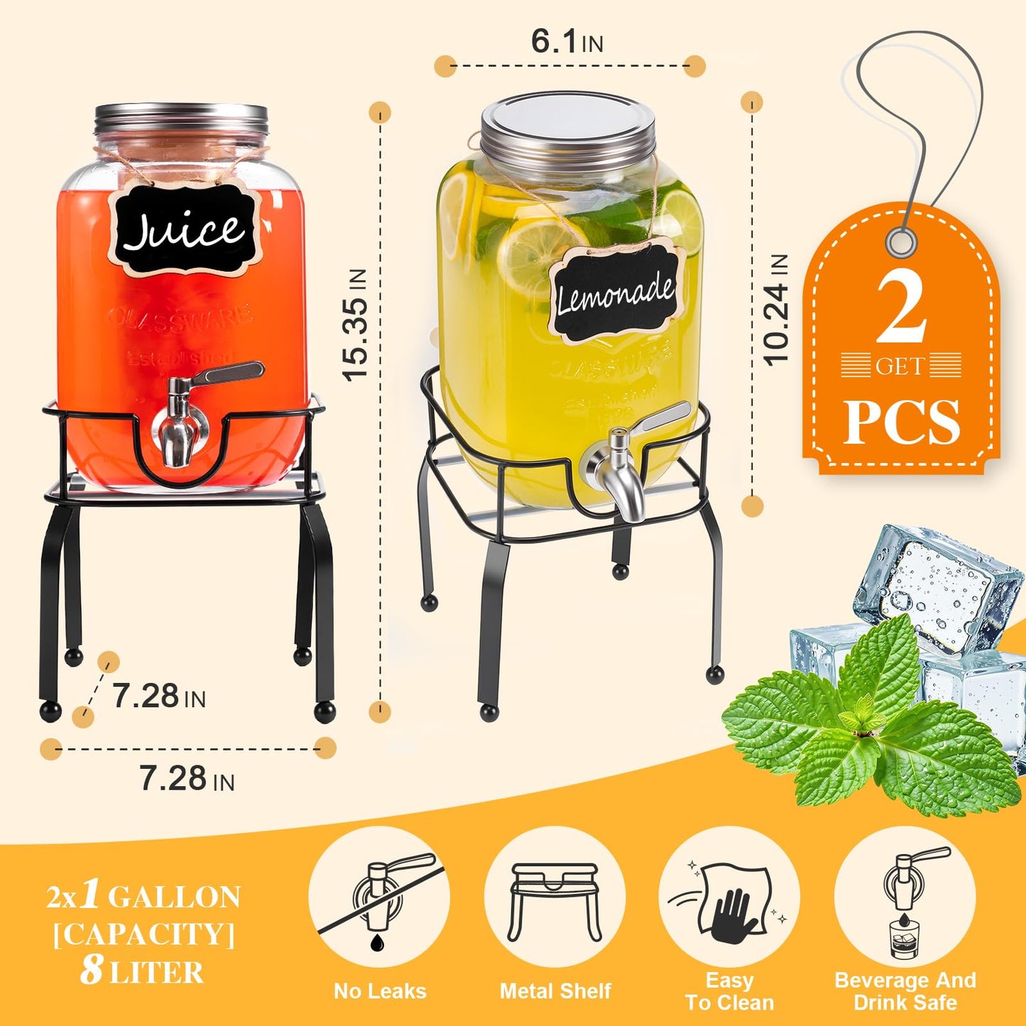 RuileMei 2 Pack1 Gallon Glass Drink Dispensers For Parties,Beverage Dispenser with Stand,304 Stainless Steel Spigot Leakproof,Lemonade Dispenser for Sun Tea, Homemade Juice